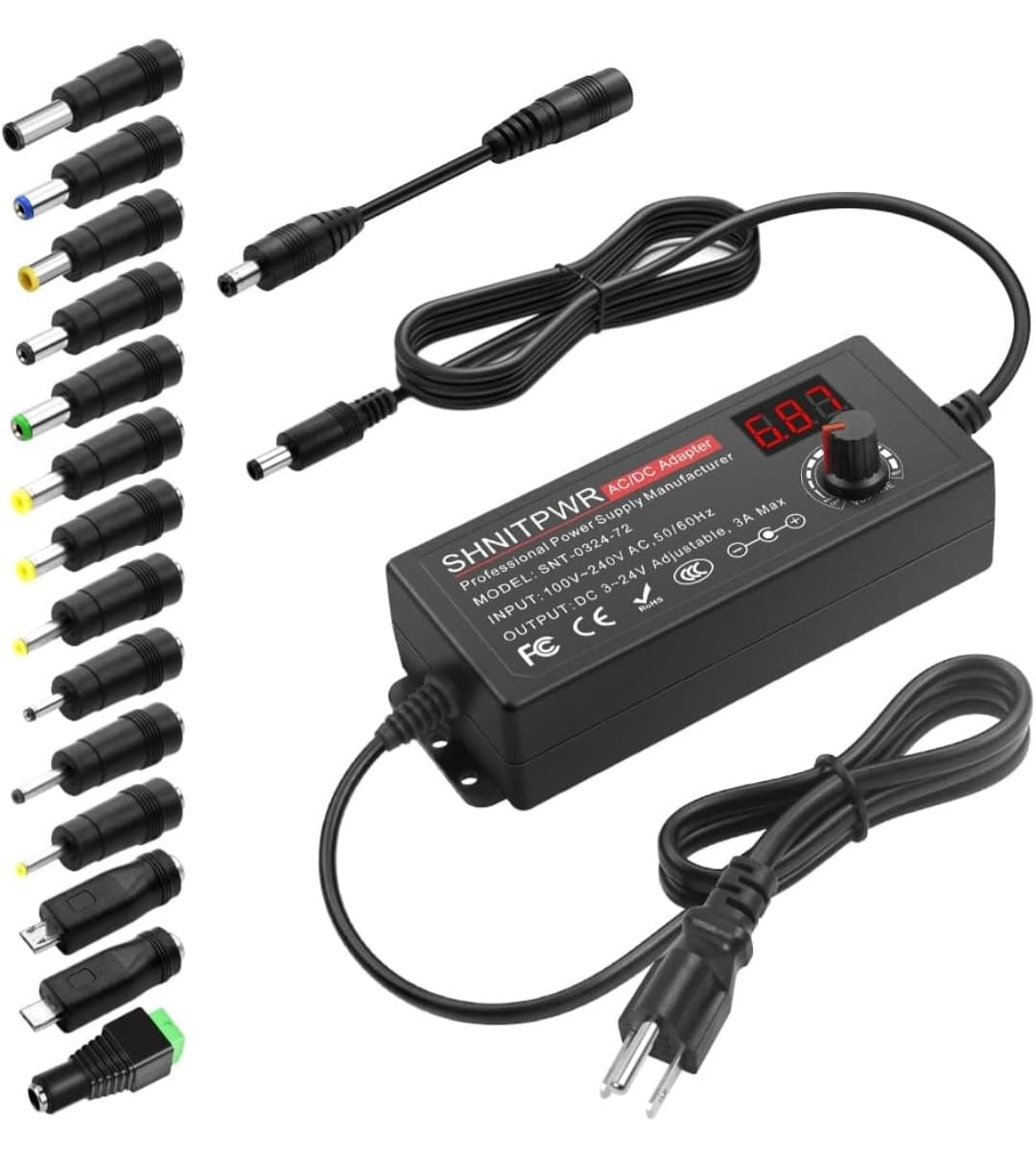 Adjustable Power Supply - DC 3V 5V 6V 9V 12V 15V 16V 18V 19V 20V 24V Variable Universal AC/DC Adapter 100V-240V AC to DC Converter with 14 Tips 5.5x2.5mm 4.0x1.7mm 3.5x1.35mm