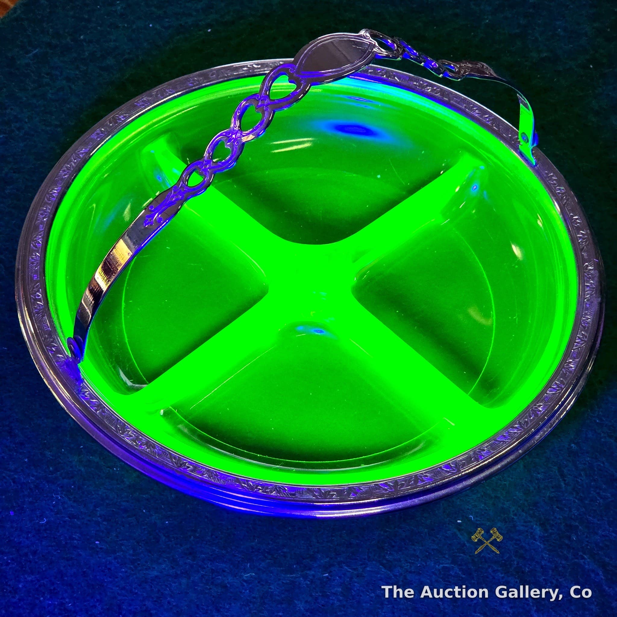 Vintage Green Uranium Depression Glass Divided Relish Dish, Chrome Carrier