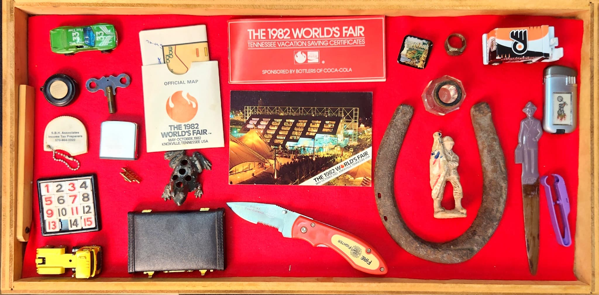 Mixed Vintage Lot โ 1982 World's Fair, Die-Cast Cars, Firefighter Knife & More
