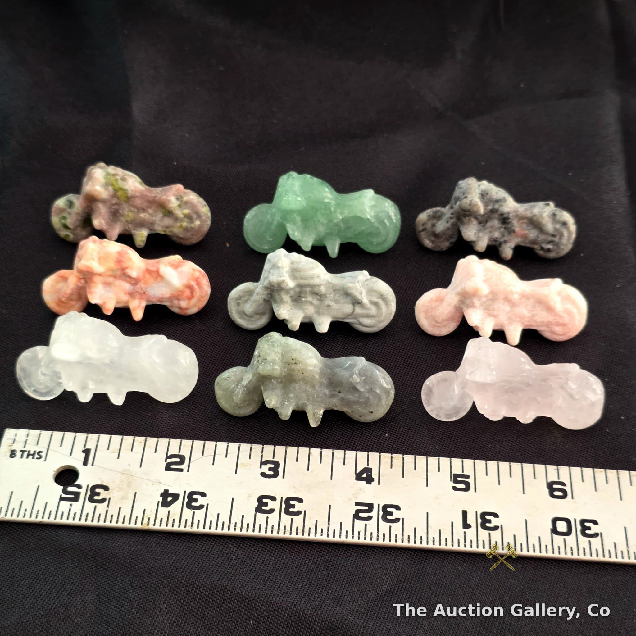 Set of 9 Carved Stone Motorcycle Figurines, Mixed Gemstone