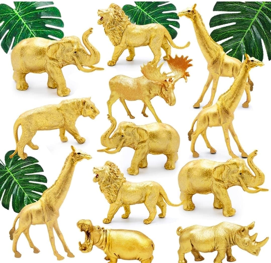 Metallic Gold Plastic Animal Figurines Toys, 12PCS Golden Safari Zoo Animal Figures, Jungle Wild Animals for Baby Shower Decor, Safari Themed Birthday Party, Christmas Decoration Gifts