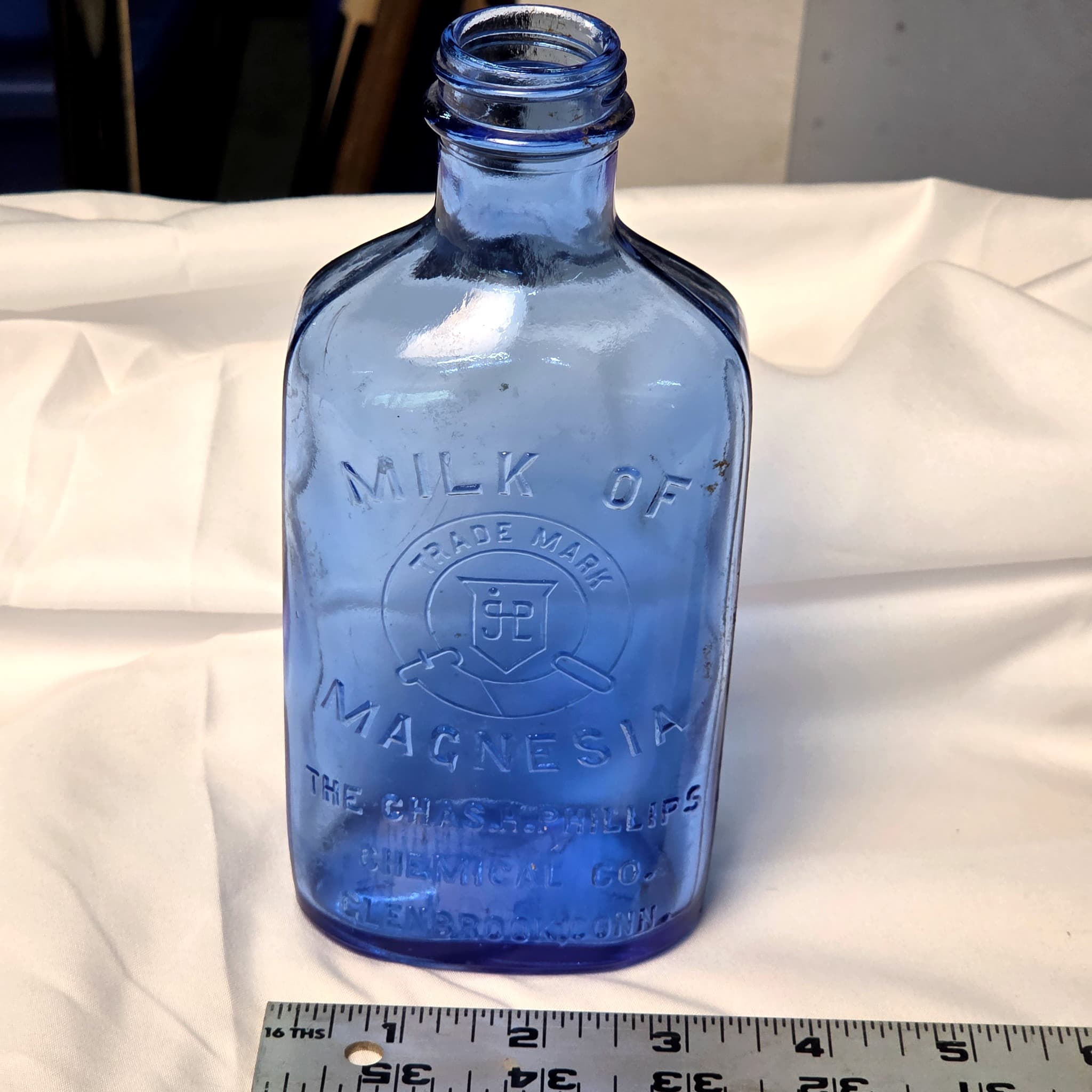 Phillips Milk of Magnesia Cobalt Blue Embossed Glass Bottle
