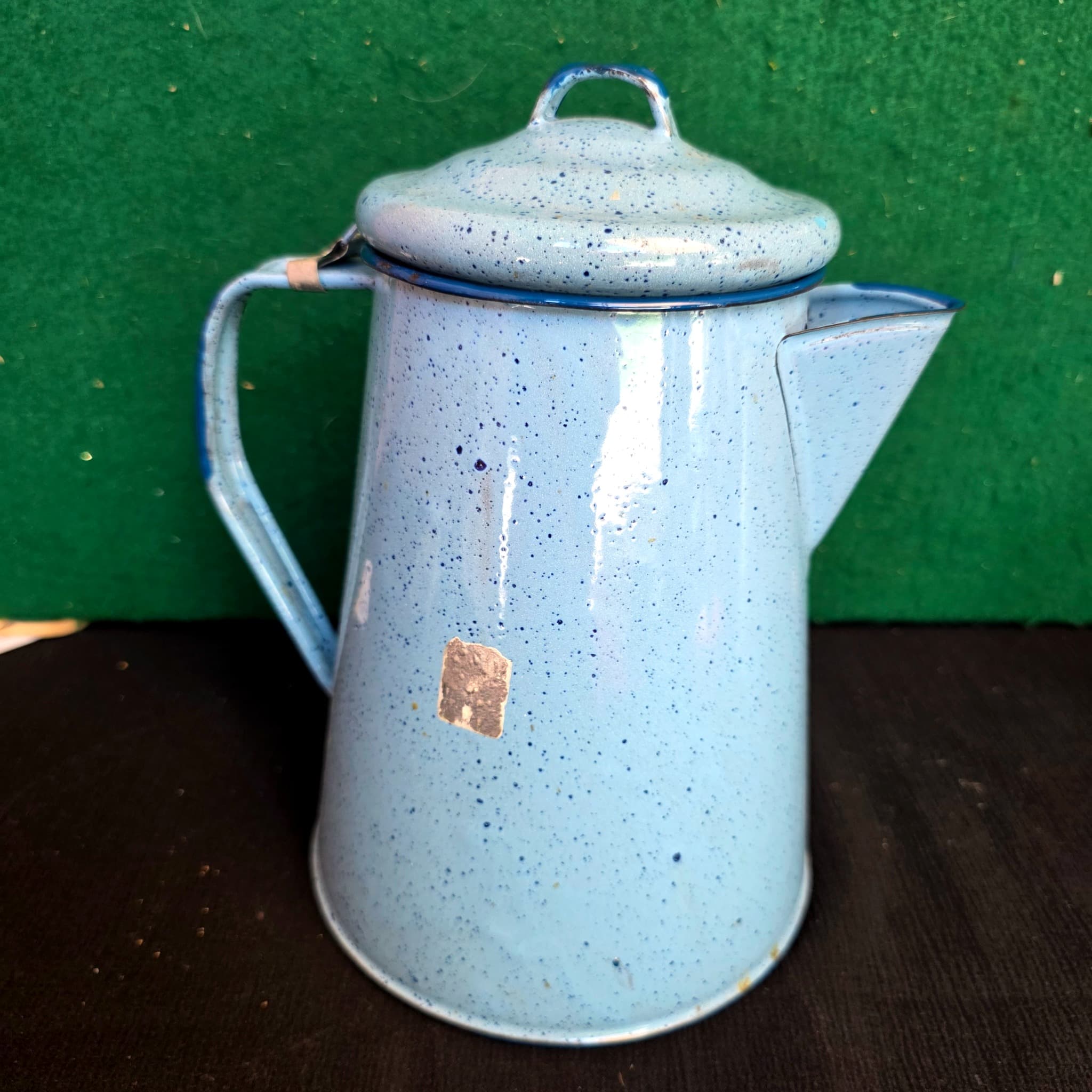 Vintage Blue Speckled Enamelware Coffeepot with Lid, 10"