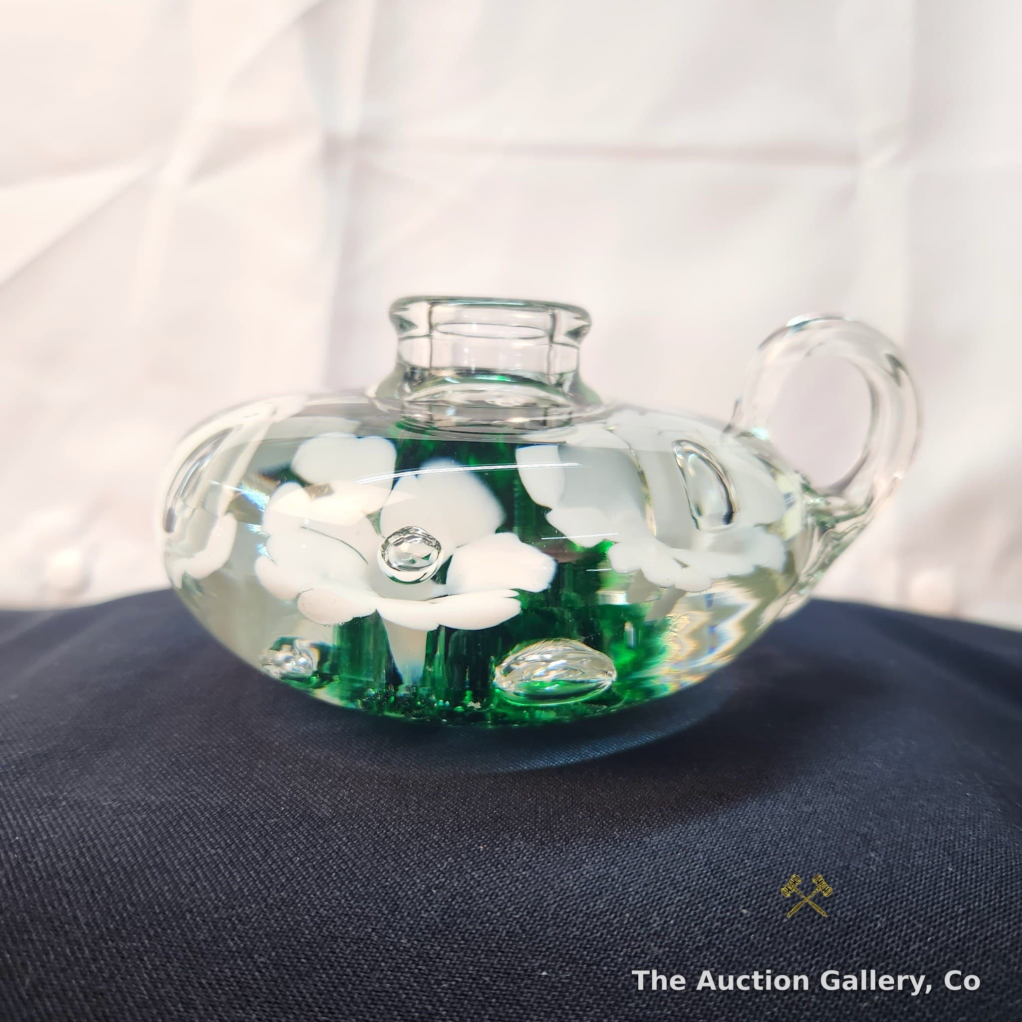Art Glass Candle Holder, Green with White Floral Inclusions