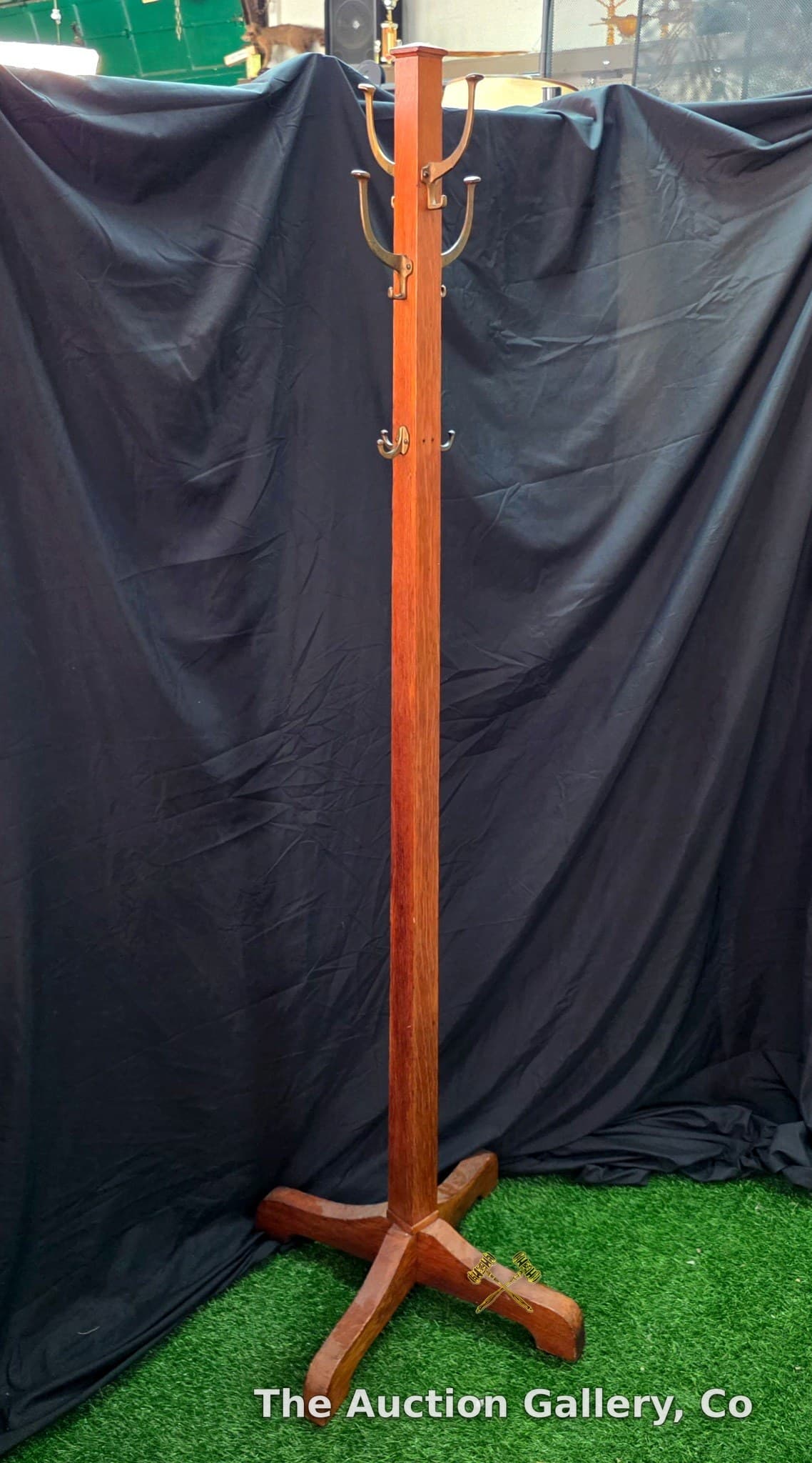 Vintage Oak Hall Tree Coat Rack, 72" Tall, Brass-Tone Hooks