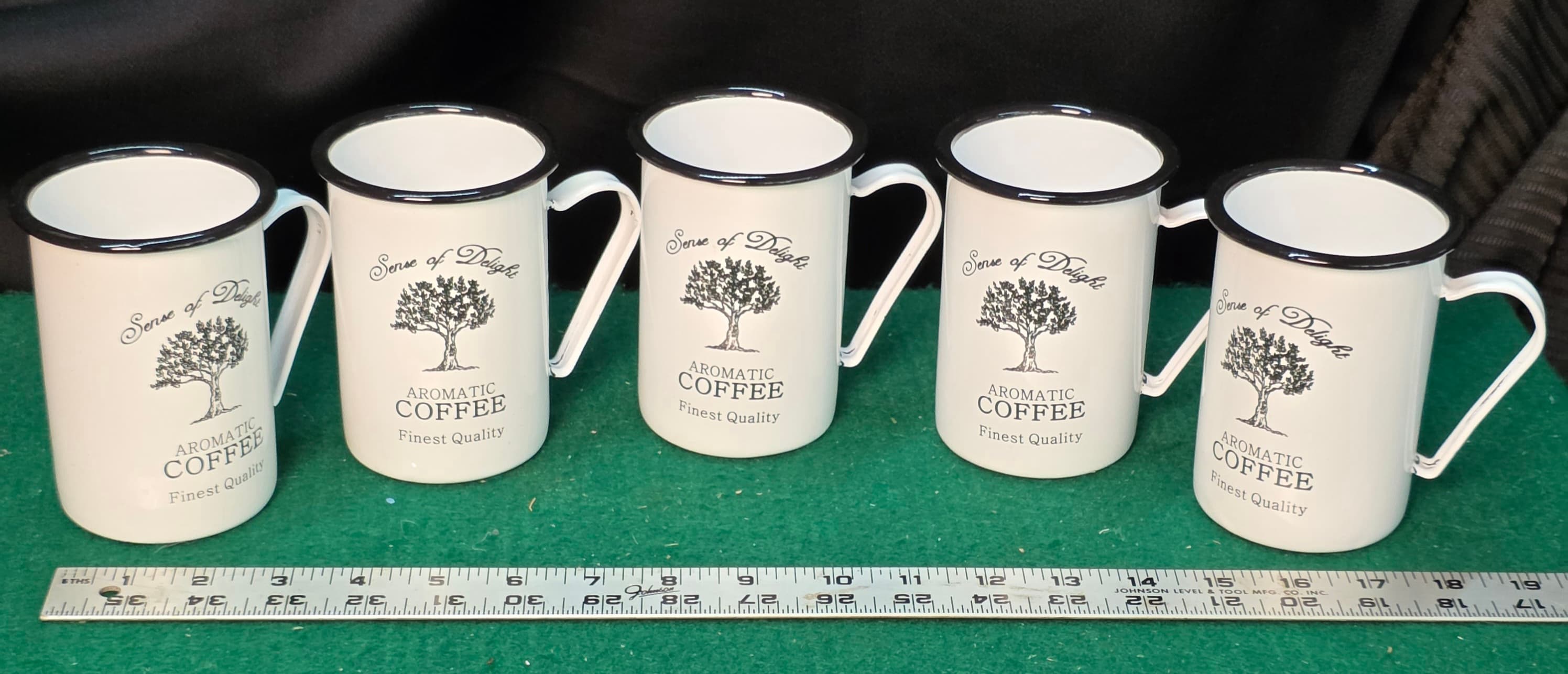 Set of 5 Enamel Coffee Mugs, "Sense of Delight" Aromatic Coffee