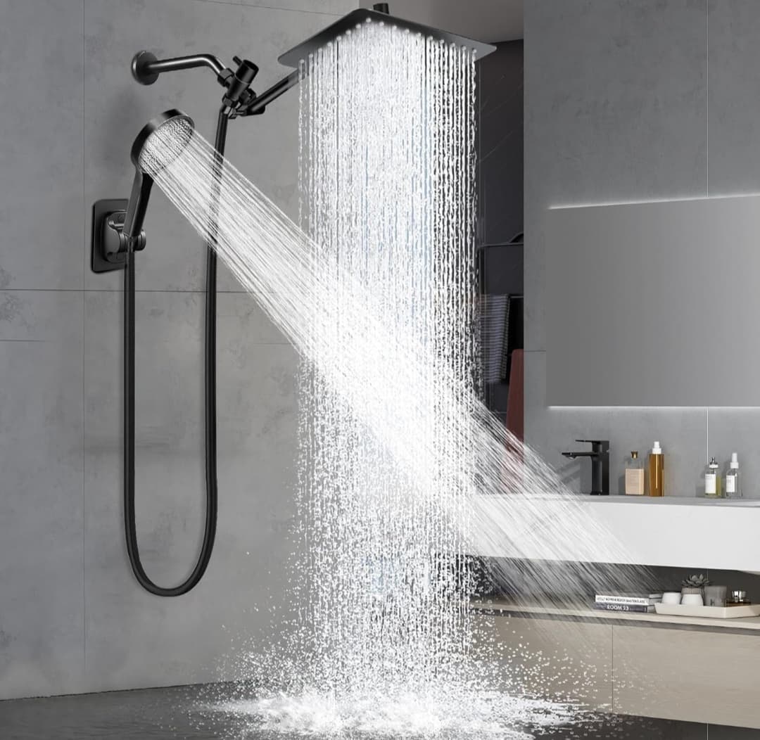 12βRain Shower Head with Handheld Spray Combo with 11'' Angle Adjustable Extension Arm (Black)
