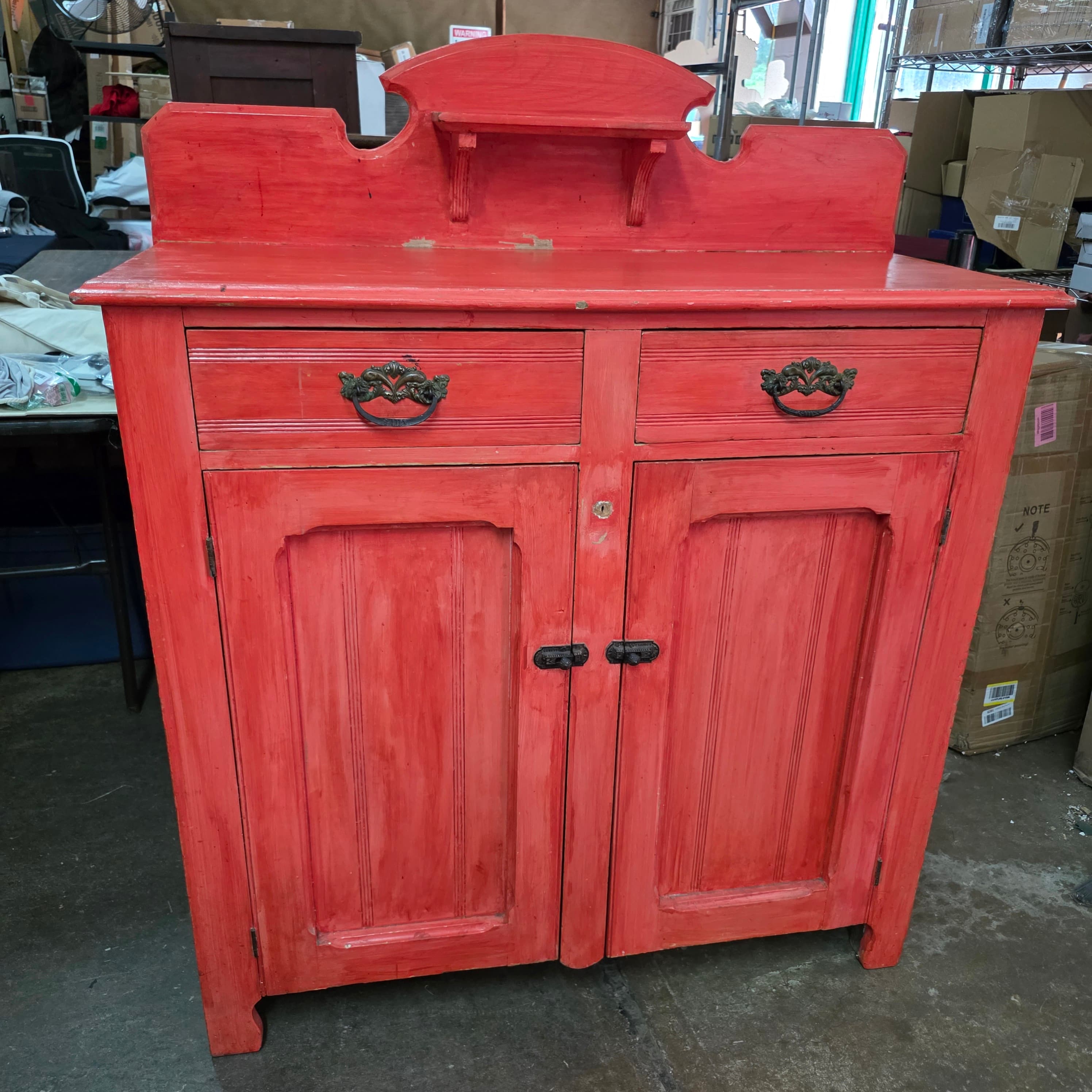 Antique Red-Painted Wood Jelly Cupboard with Backsplash