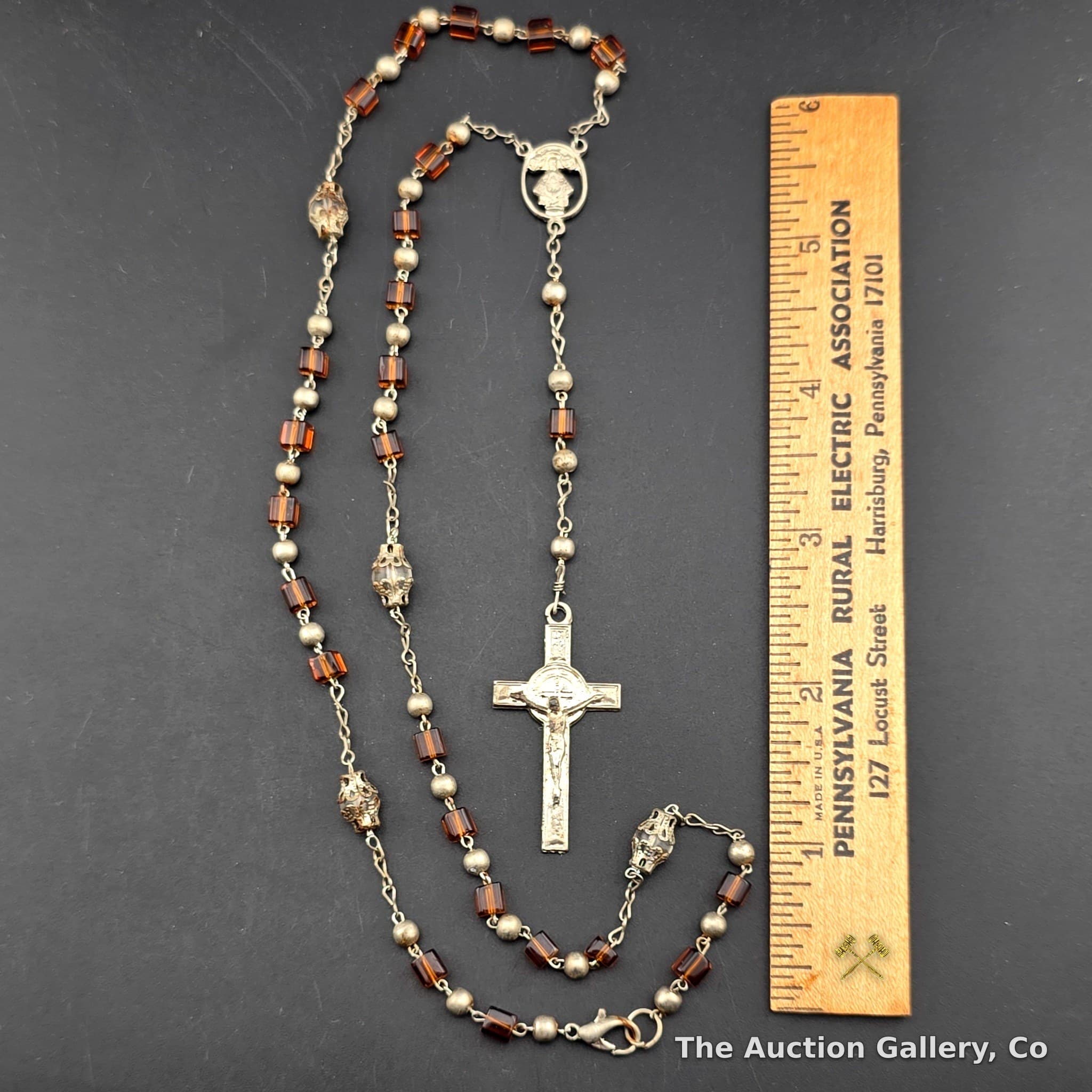 Vintage Rosary, Amber Glass Cube Beads, St. Benedict Crucifix