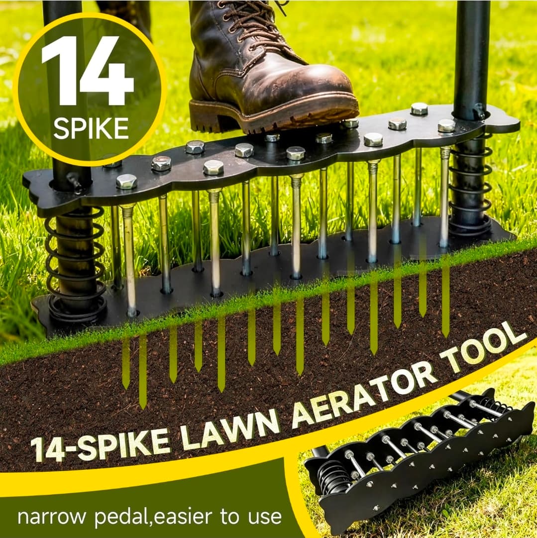 Lawn Aerator Tool with 14 Steel Spikes, Hand Grass Aerator Spike Tool Manual Lawn Aerators with Spring-Loaded Design