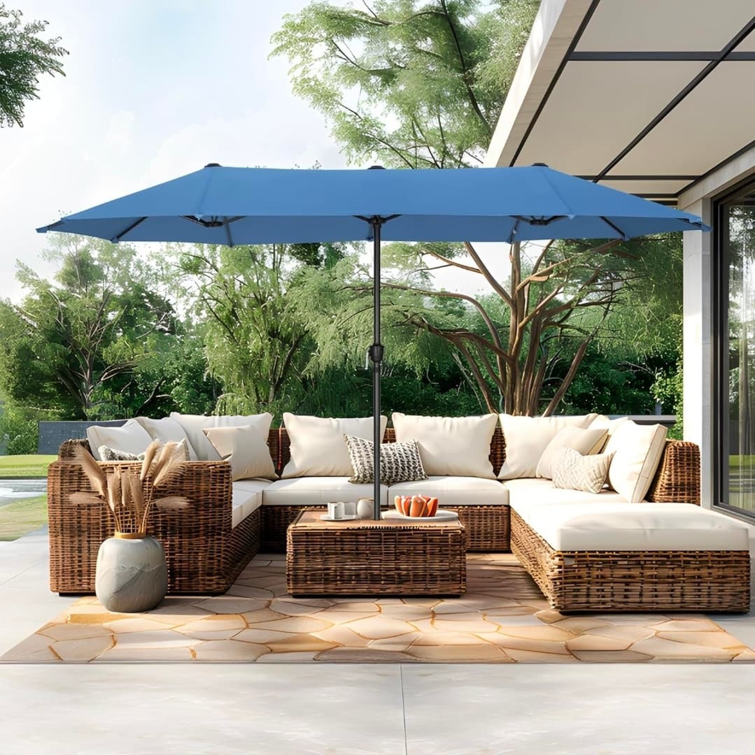 PHI VILLA 13ft Large Patio Umbrellas, Double-Sided Outdoor Market Rectangle Umbrella for Outside, Haze Blue