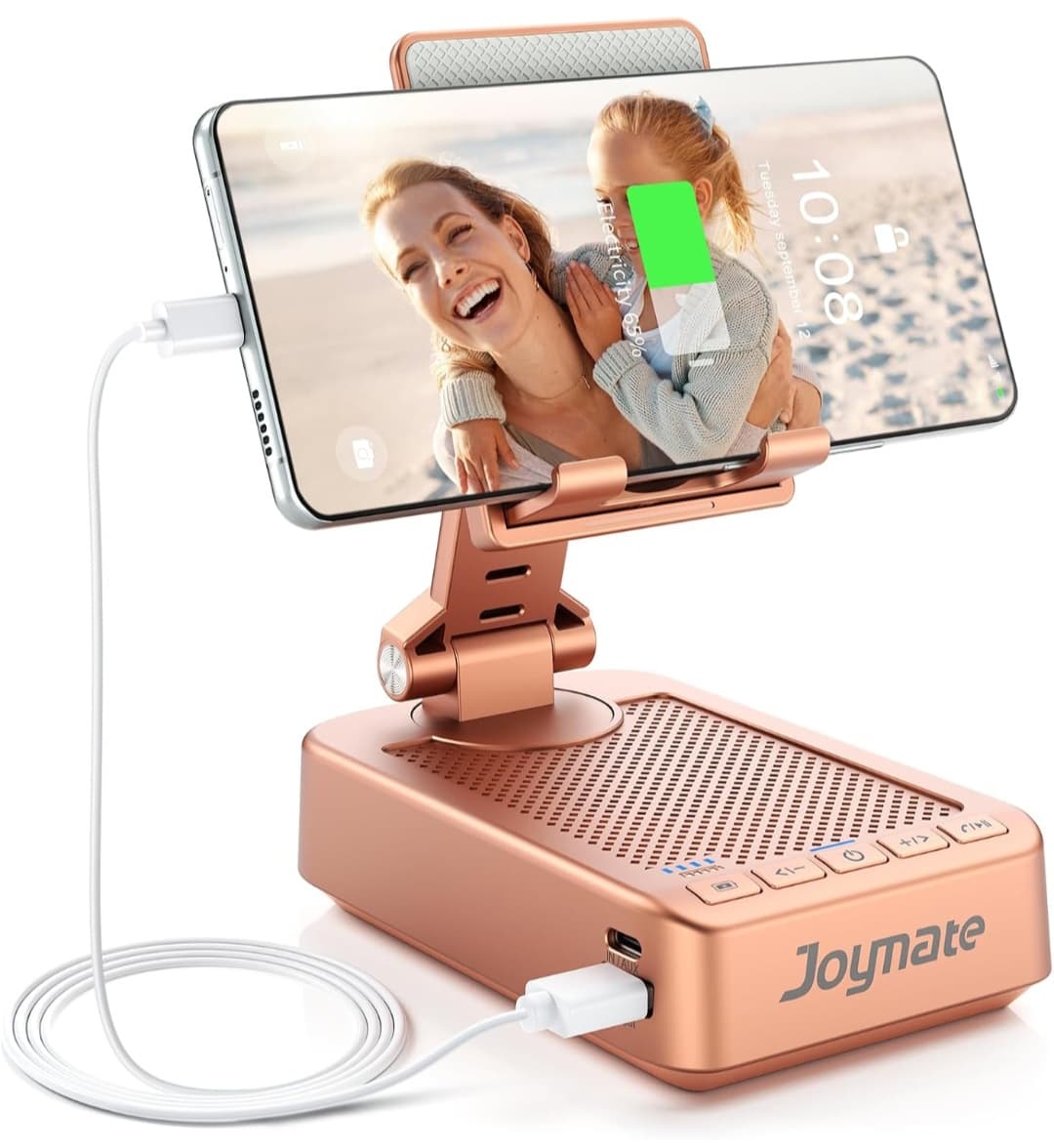 Bluetooth Speaker Phone Stand with Charging Function 360ยฐ Rotable Stand/ Fits All Phones,Tablet/ HD Stereo Sound (Rose Gold)