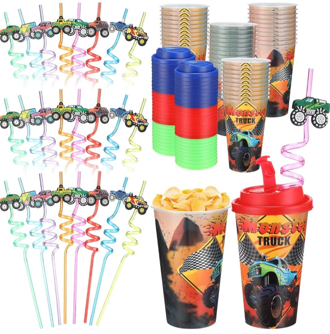 36 Sets - Monster Truck Party Cups & Monster Truck Straws