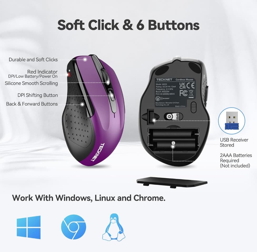 Wireless Mouse, 2.4G Ergonomic Computer Mouse, 2600 DPI, Purple with Side Grips, Adjustable DPI, Compact Size, USB-A Plug & Play, Wide OS Compatibility
