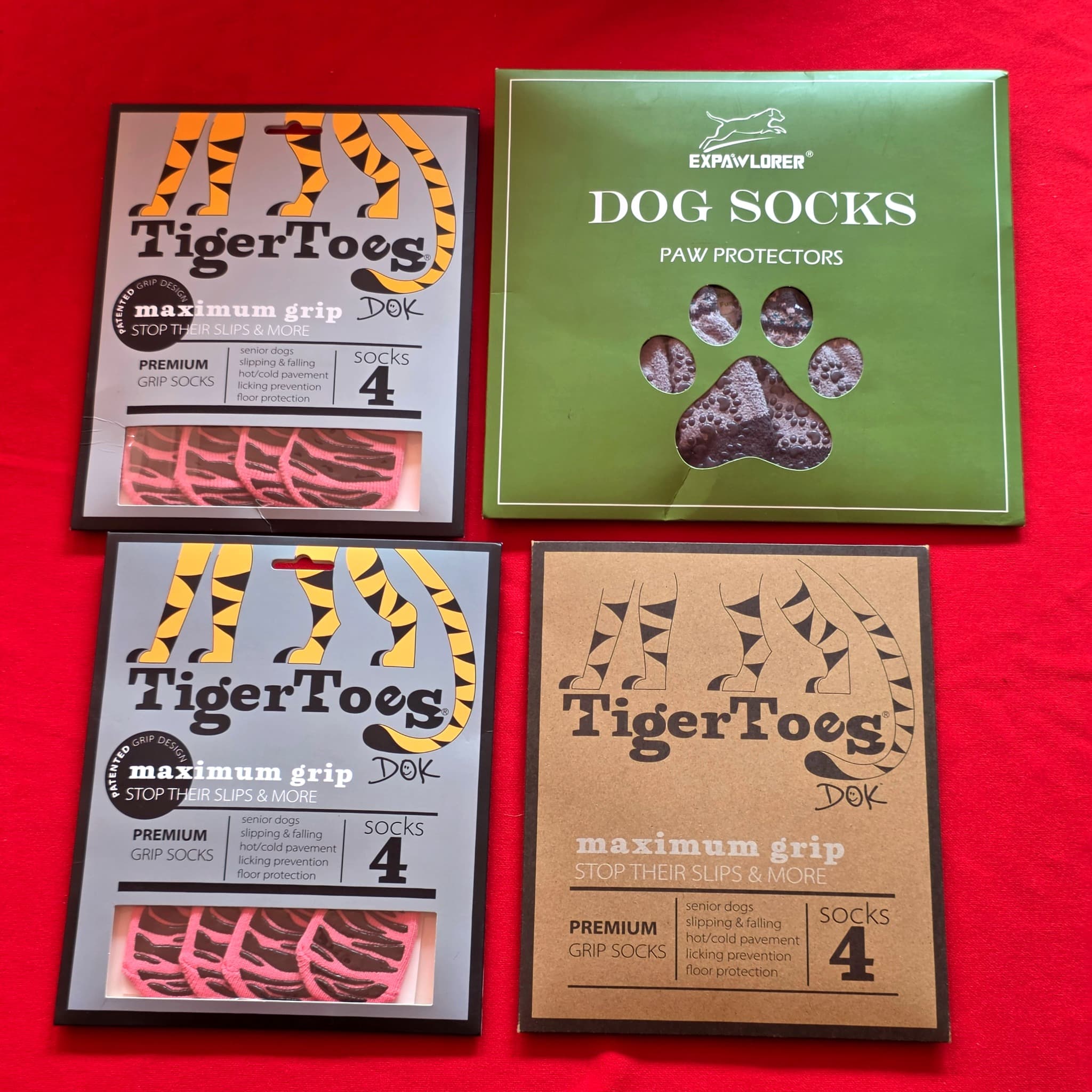 Dog Grip Socks, 4 Packs โ TigerToes & Expawlorer, Mixed Sizes