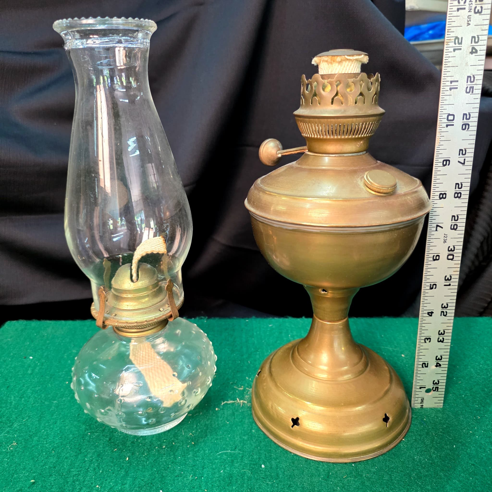 Antique Oil Lamps, Pair โ Glass Hobnail & Brass Pedestal
