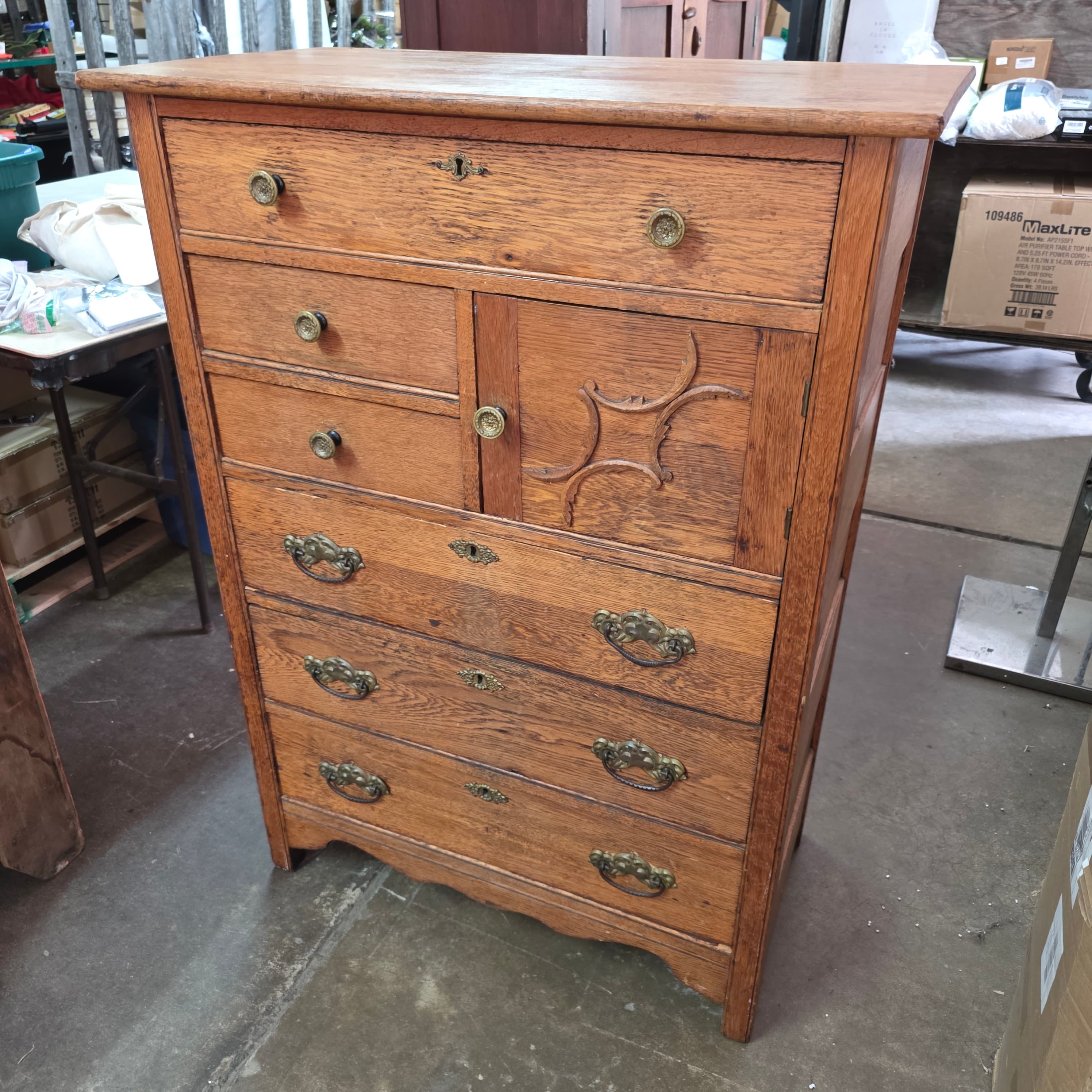Antique Oak Tall Chest of Drawers, All-Original Hardware