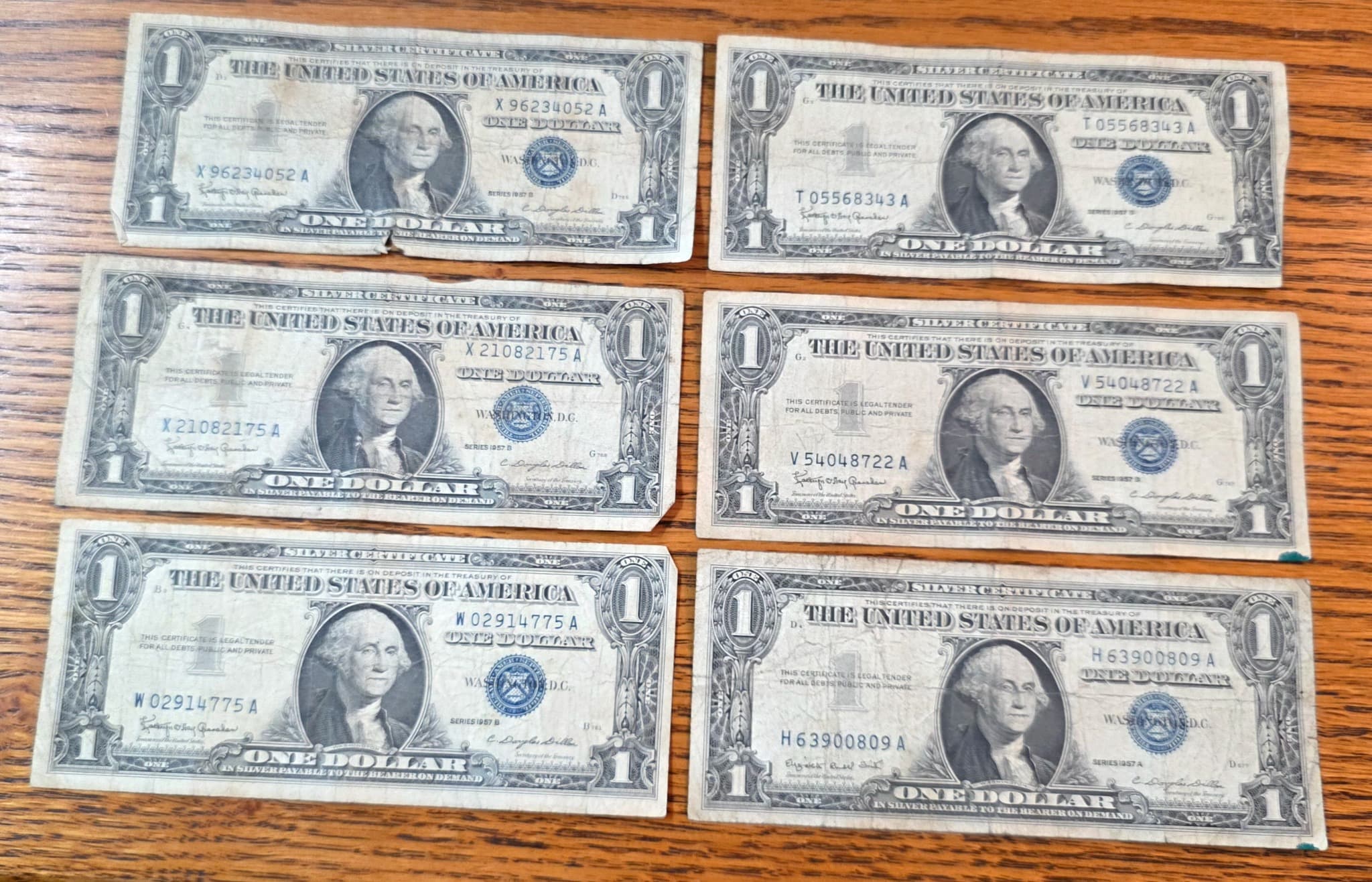 1957 $1 Silver Certificate Blue Seal, Lot of 6