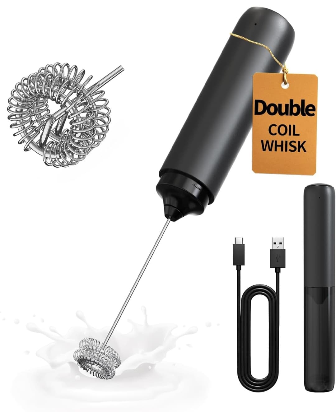 Rechargeable Milk Frother Hanheld, Dual Coil