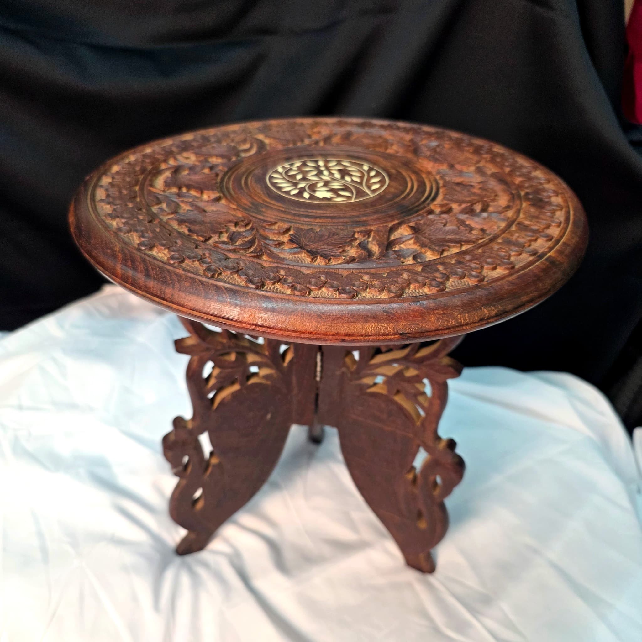 Vintage Hand-Carved Wood Folding Side Table, with Inlay