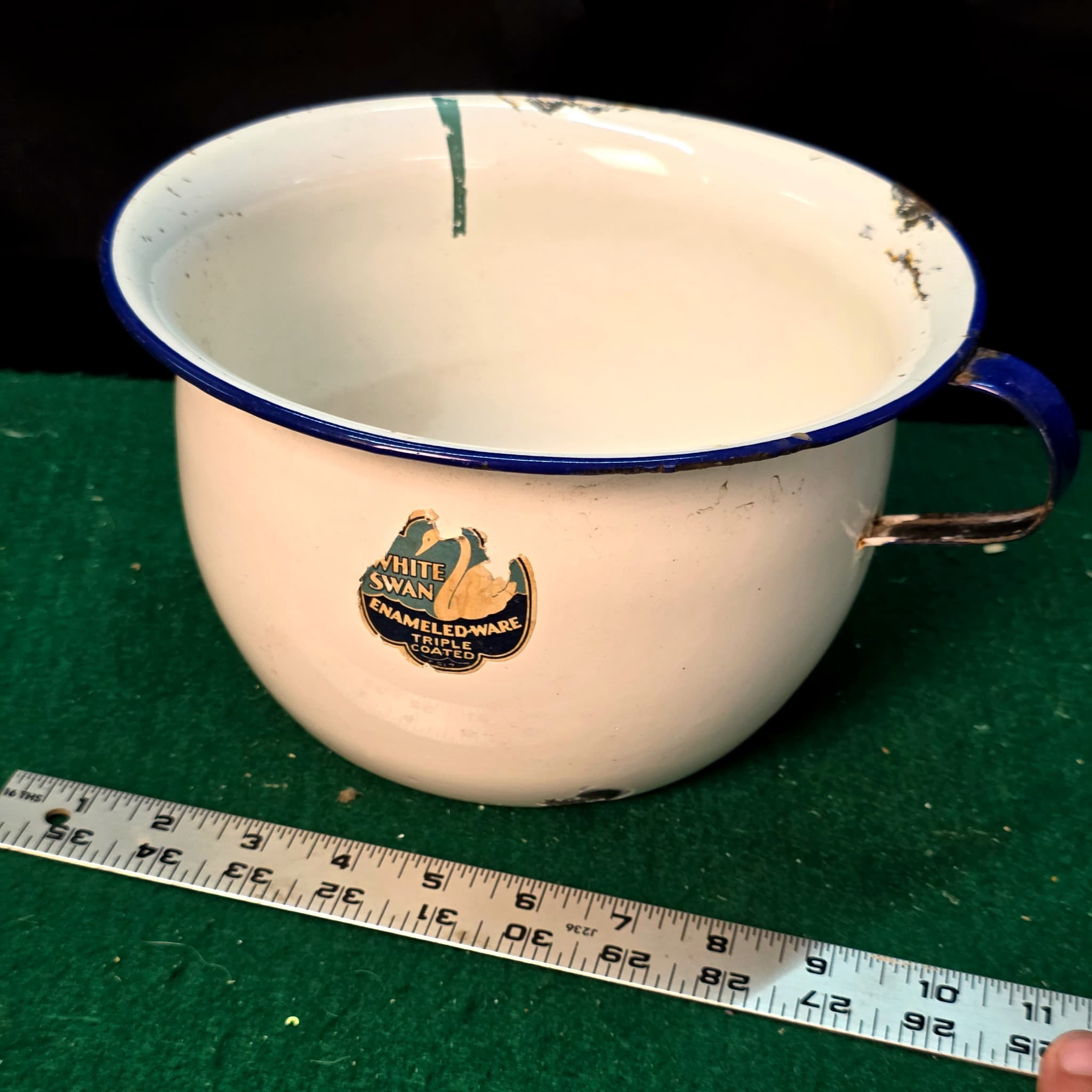 White Swan Enameled-Ware Vintage Chamber Pot, Blue Rim