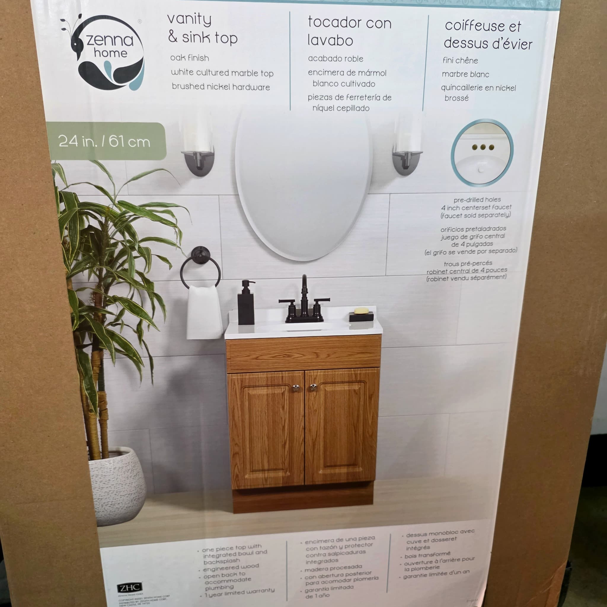 Zenna Home 24-Inch Vanity & Sink Top, Oak Finish