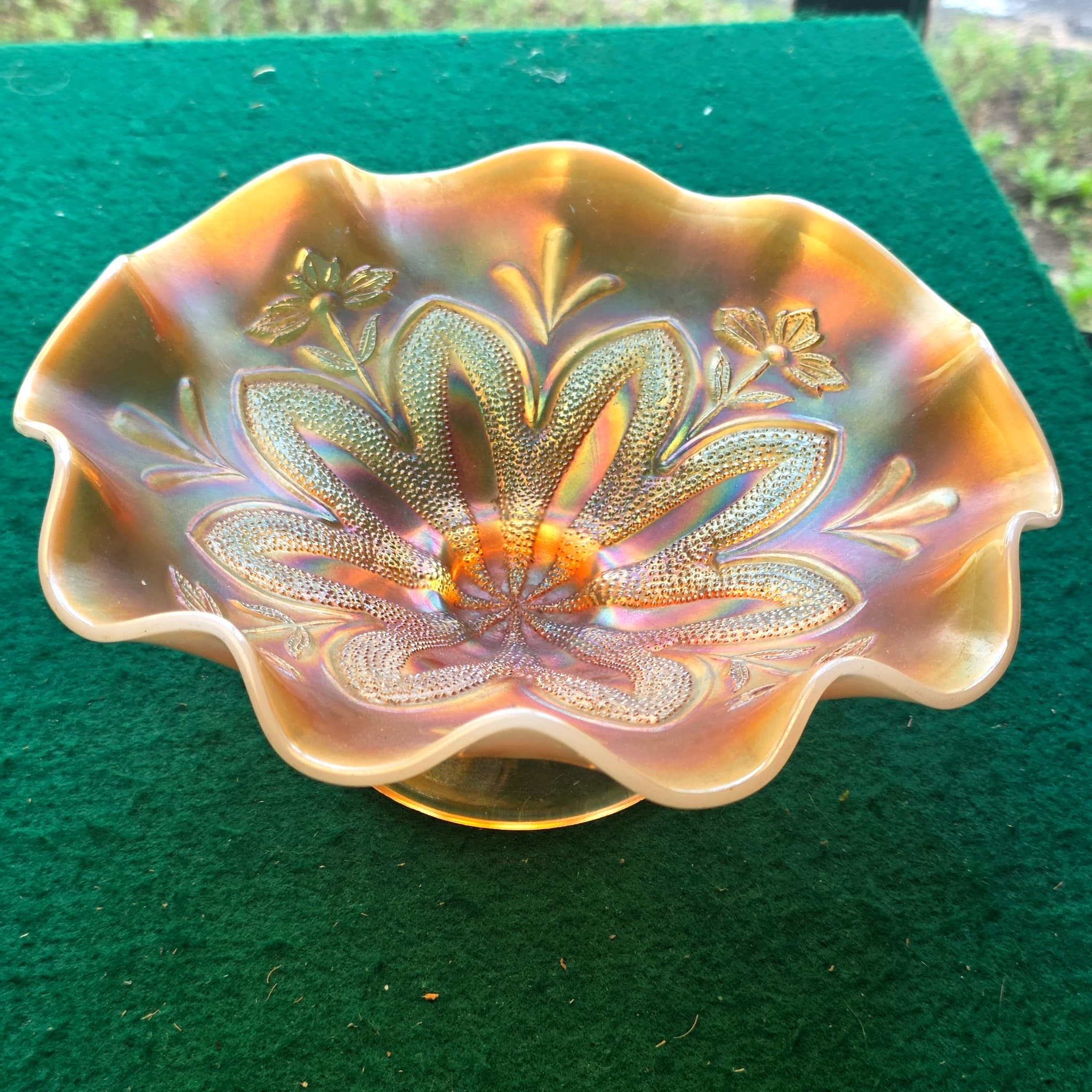 Marigold Carnival Glass Ruffled Bowl, Floral Pattern