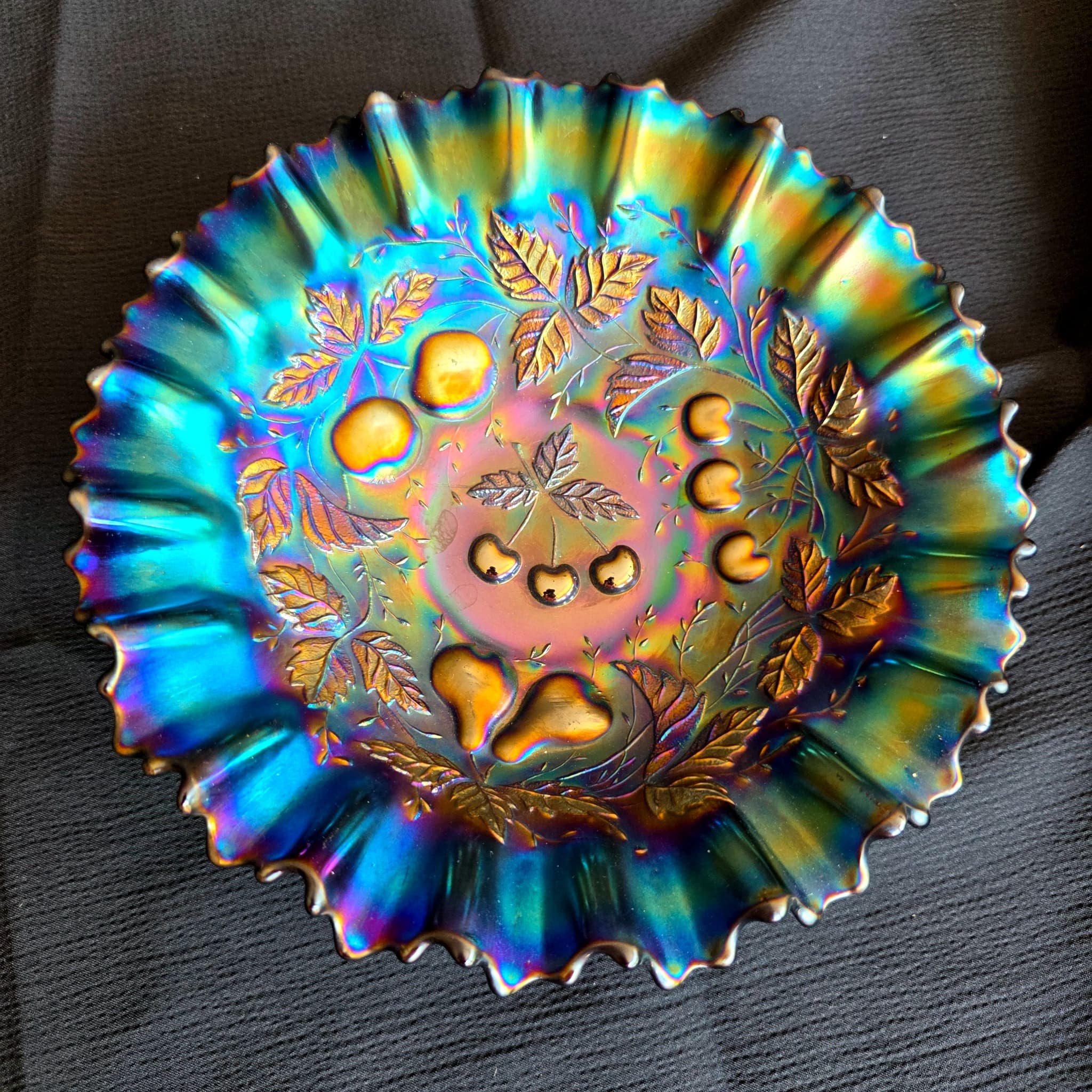 Carnival Glass Ruffled Bowl, Cherries & Leaves Pattern