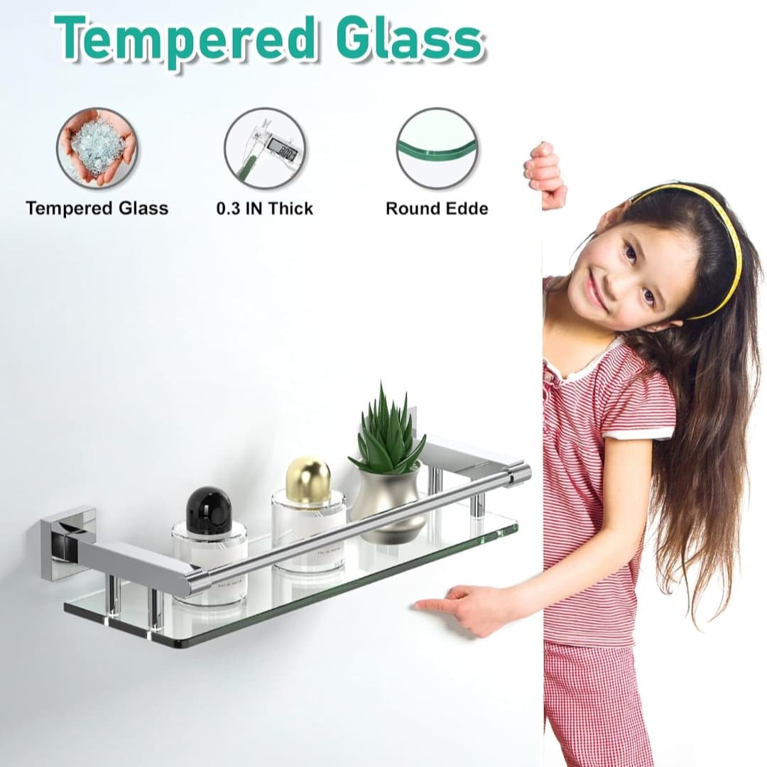 Glass Shelves for Wall, Chrome Stainless Steel & Tempered Glass - 16 inch, Chrome Polished