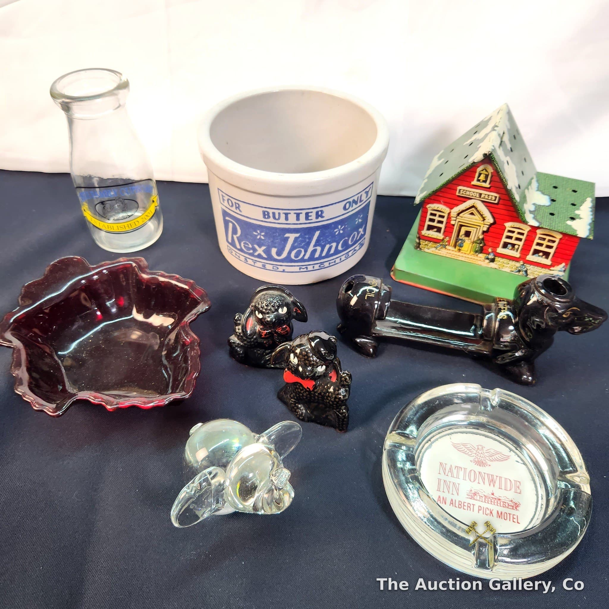 Vintage Mixed Lot โ Rex Johncox Butter Crock, Tin Bank, Glass Elephant & More