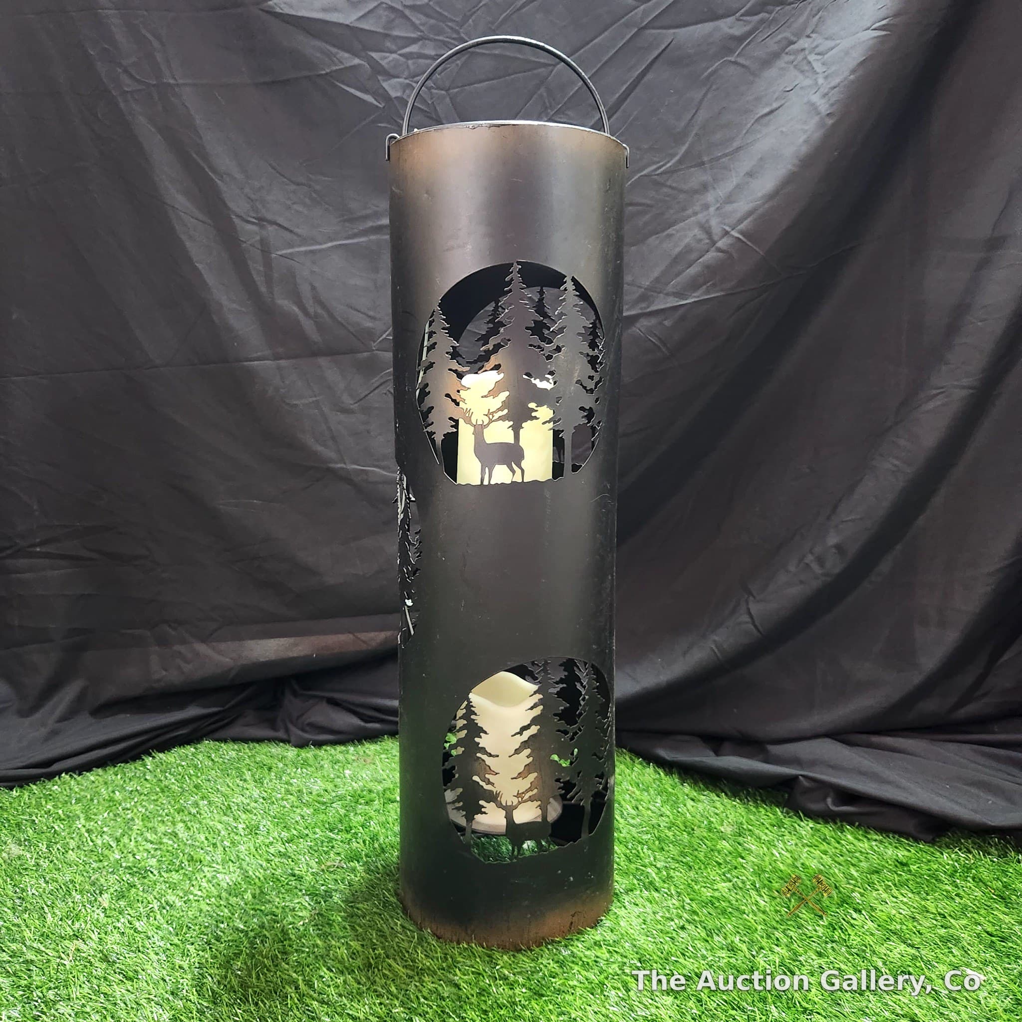 Large Metal Deer Forest Cylinder Lantern with LED Candles, 27"