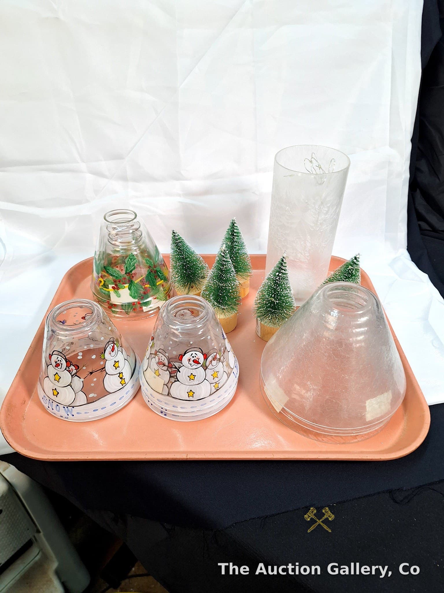 Christmas Glass Candle Shades & Bottle Brush Trees, Mixed Holiday Lot