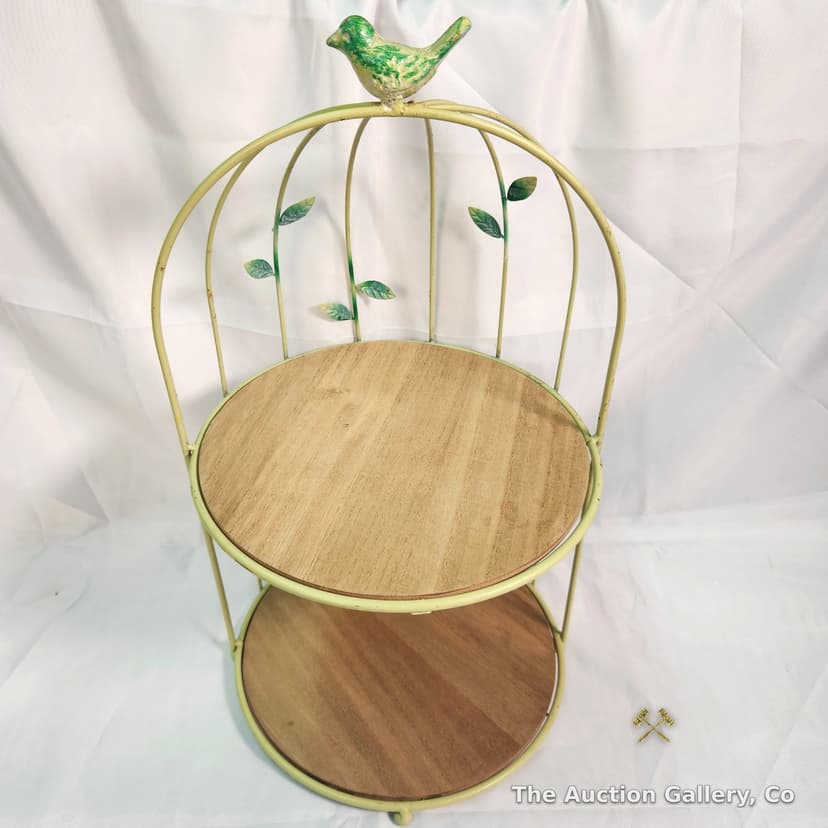Birdcage-Style Two-Tier Metal and Wood Display Stand