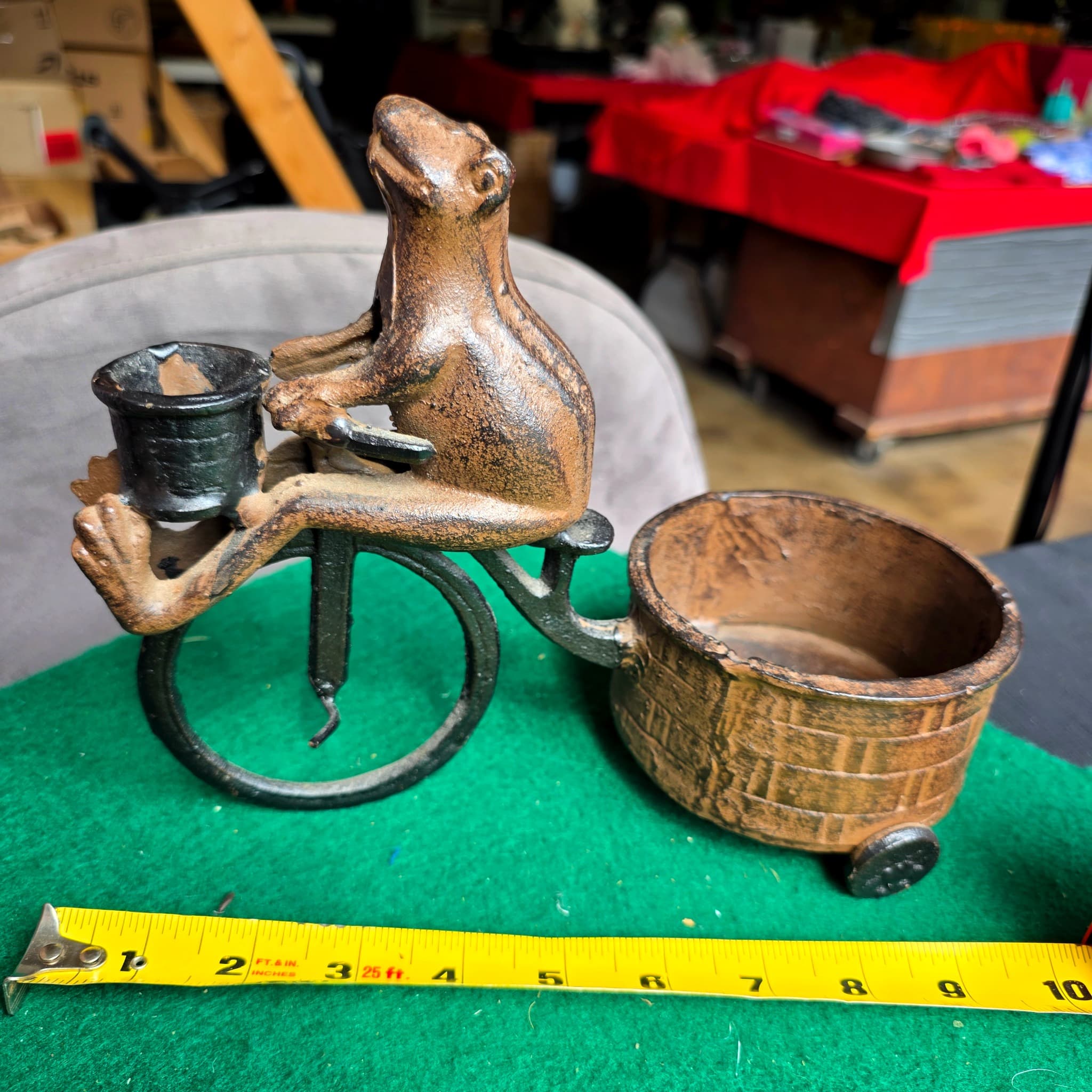 Cast Iron Frog on Bicycle Planter Figurine, 10" Wide