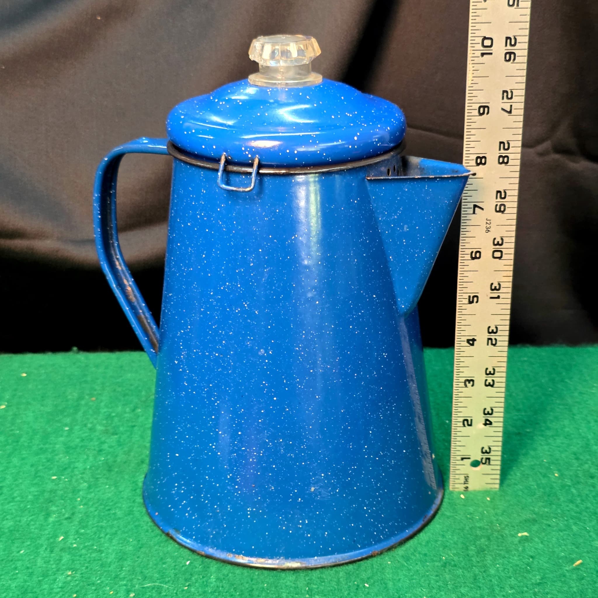Vintage Blue Speckled Enamelware Camp Coffee Pot with Lid
