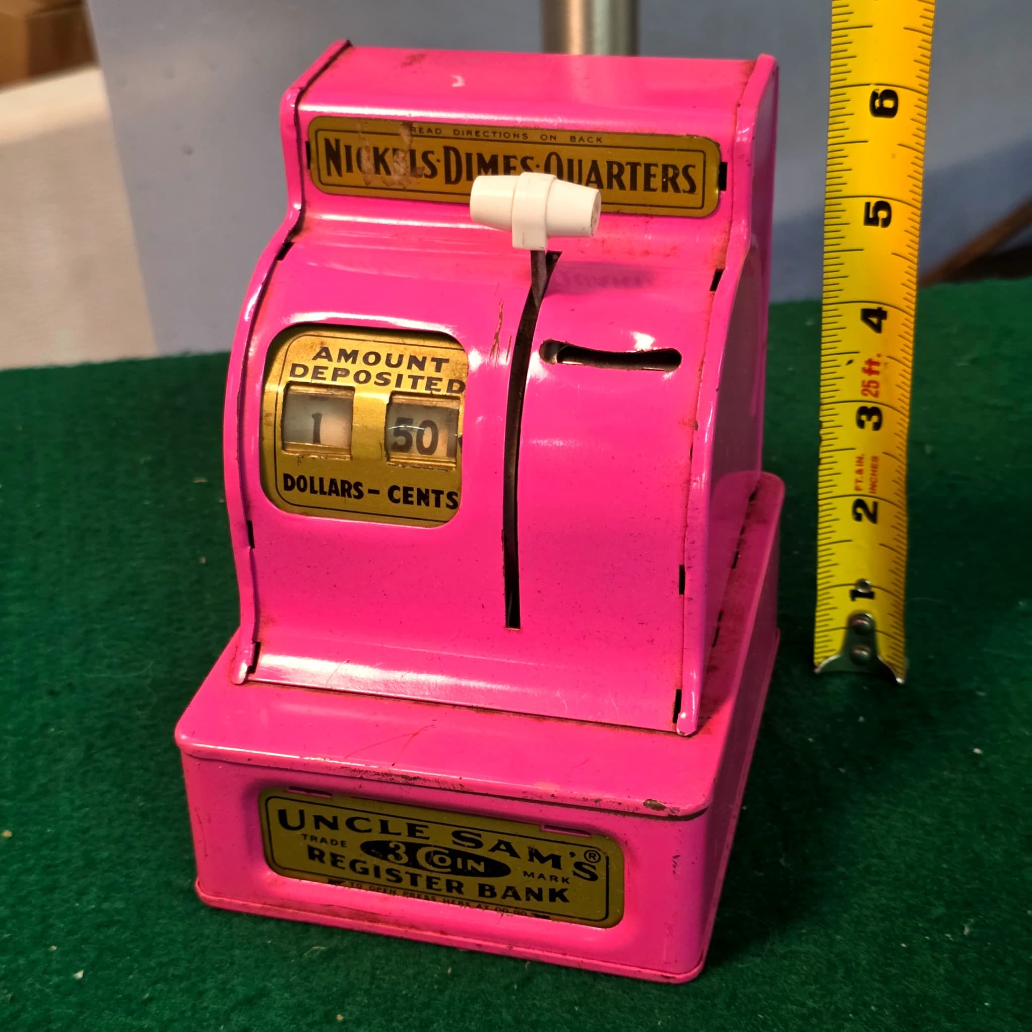 Uncle Sam's 3-Coin Register Bank, Vintage Pink Metal