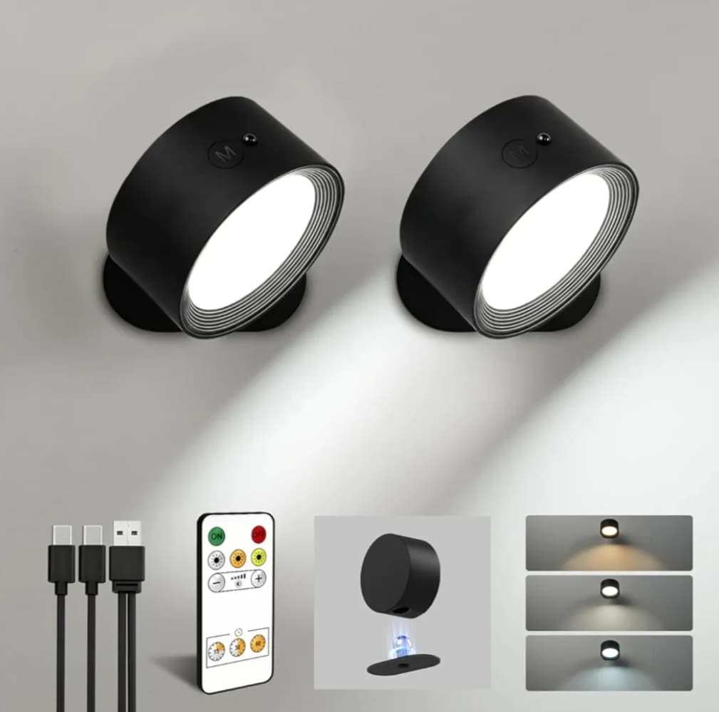 LED Wall Mounted Lights, 3 Color Temps & Remote, Touch, 360°Rotation, Dimmable, Cordless