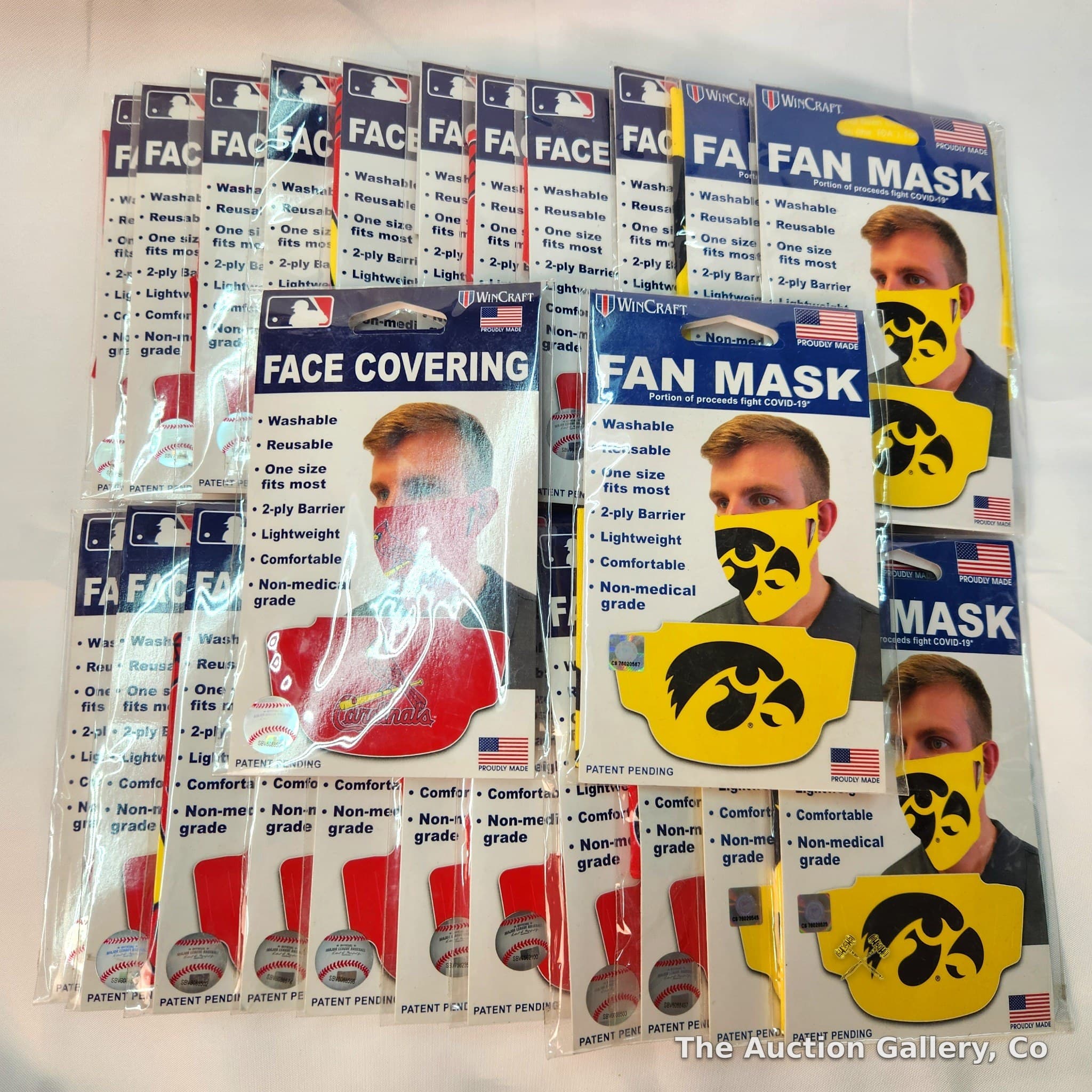 WinCraft Fan Masks, Lot of 24 — Cardinals & Iowa Hawkeyes, New in Package