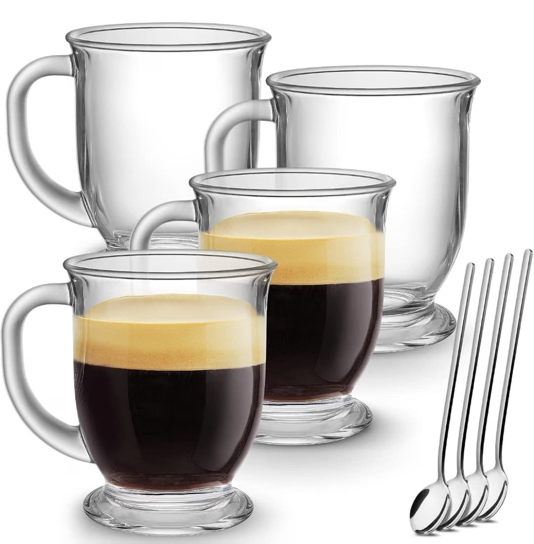 Glass Coffee Mugs Set of 4, 15 Oz With Handles for Hot Beverages