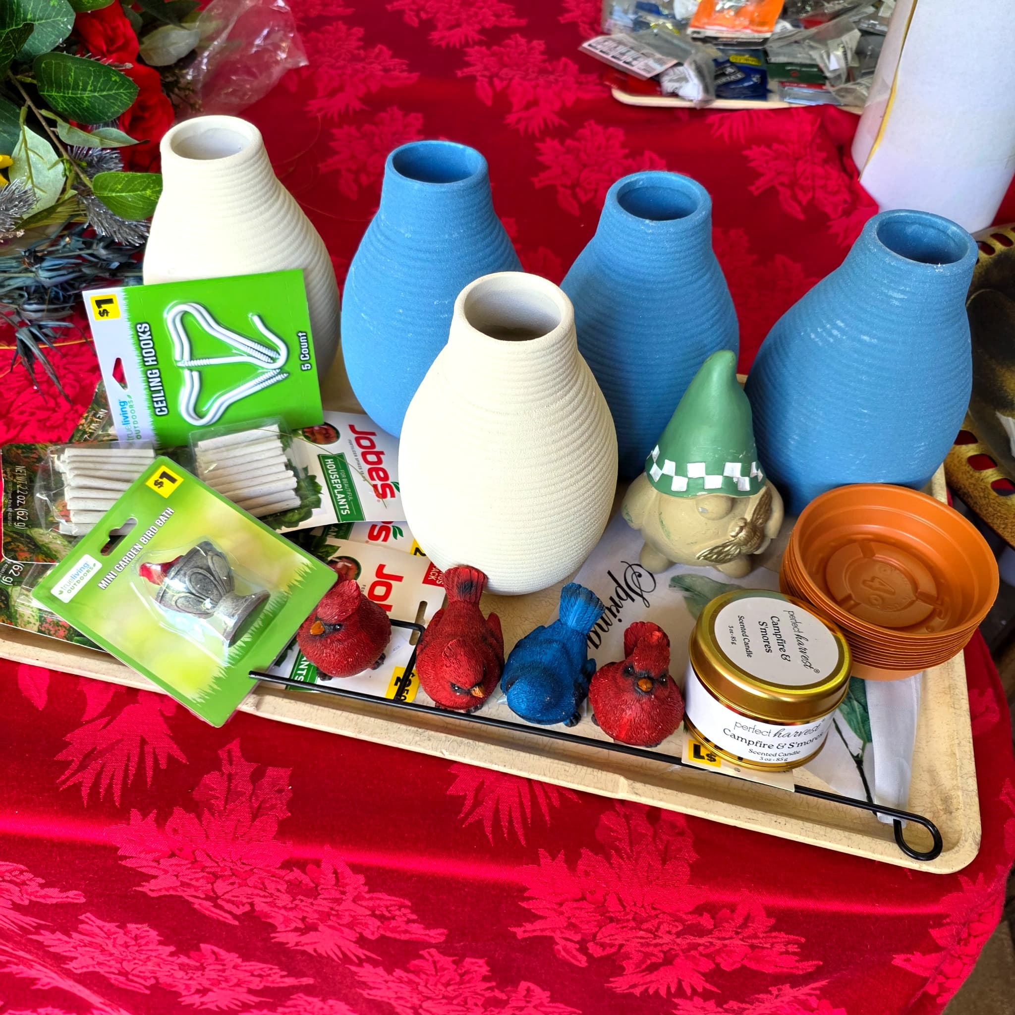 Tray Lot: Pottery Vases, Micro Garden, Plant Food & Accessories