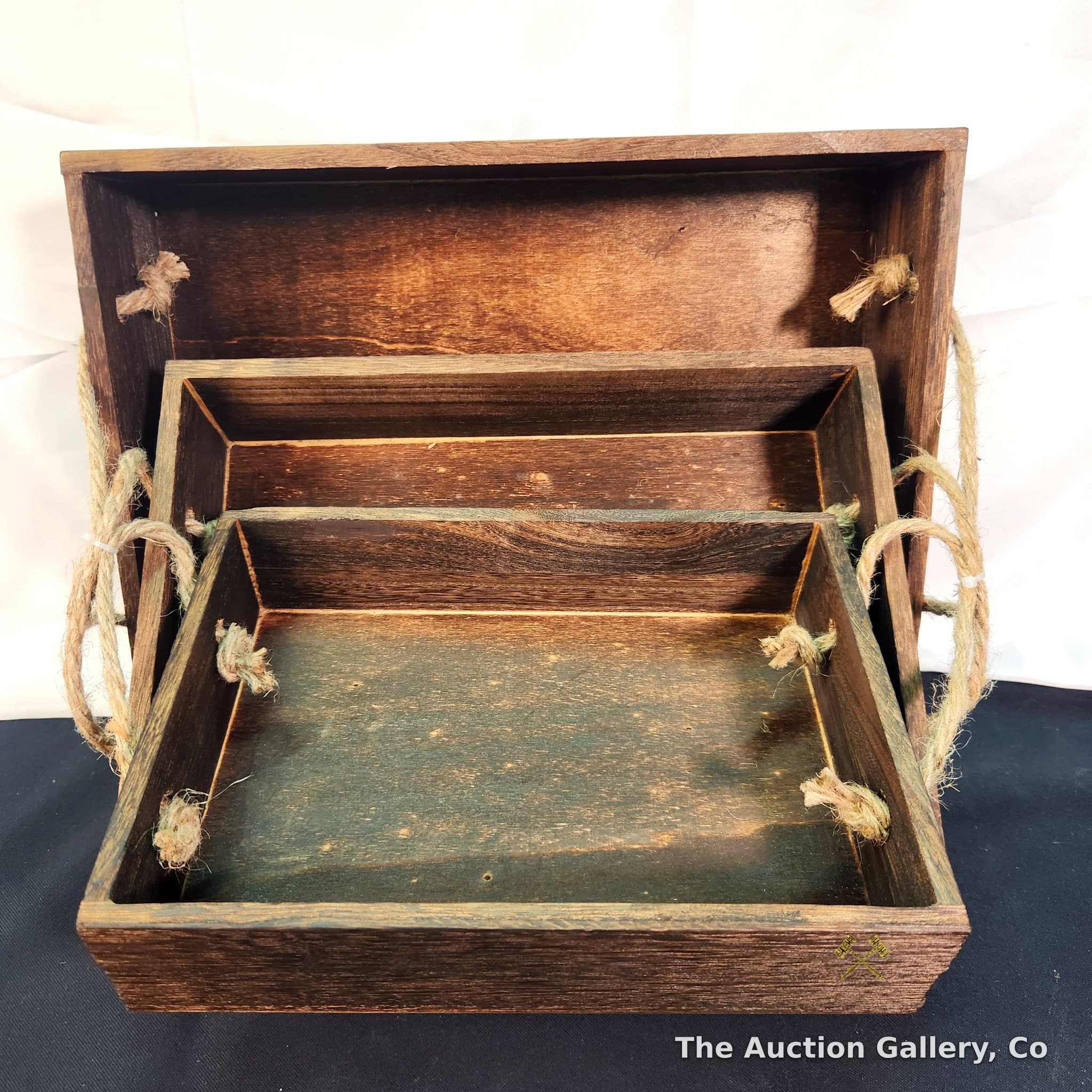 Rustic Wood Nesting Trays with Rope Handles, Set of 3