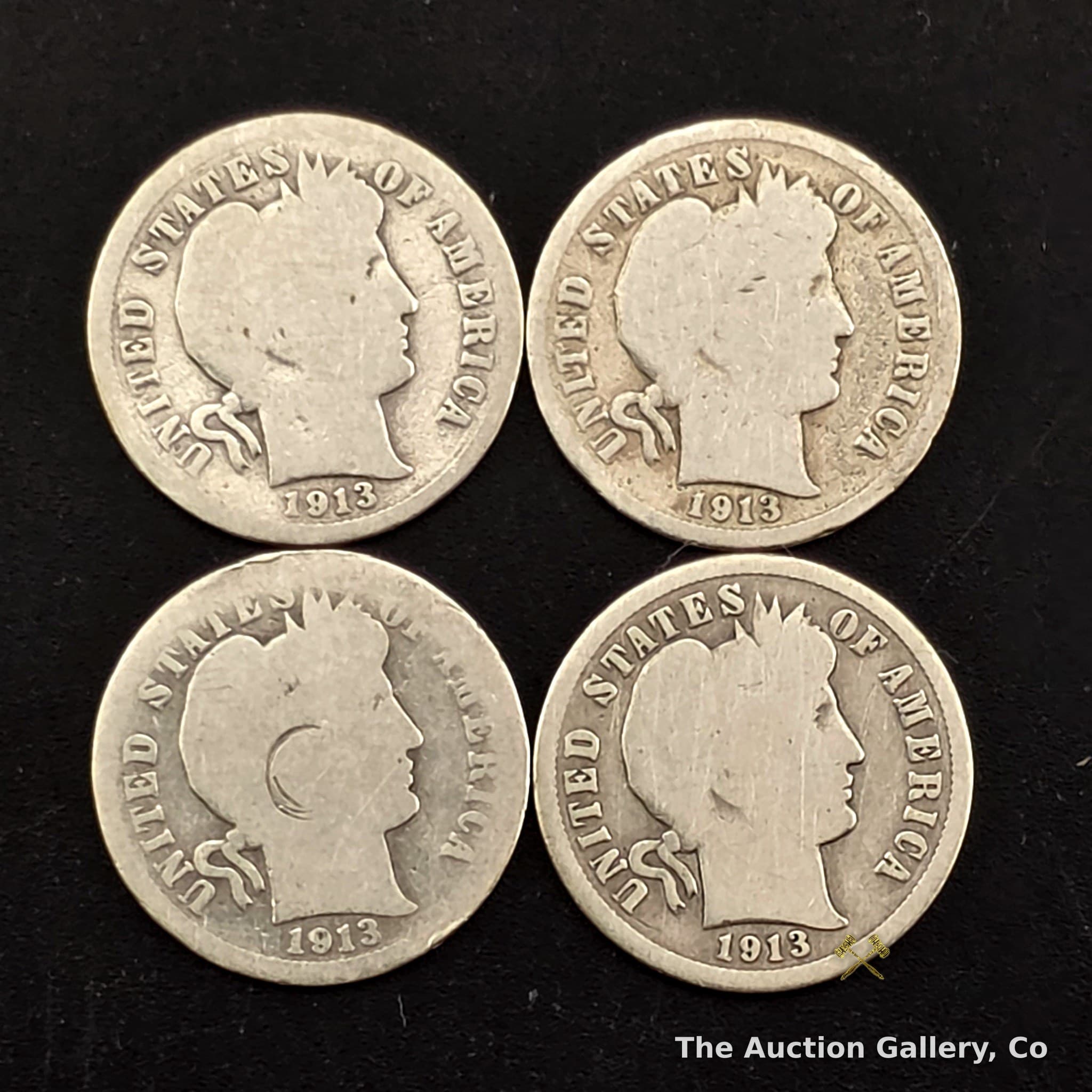 1913 Barber Dimes, 90% Silver, Set of 4