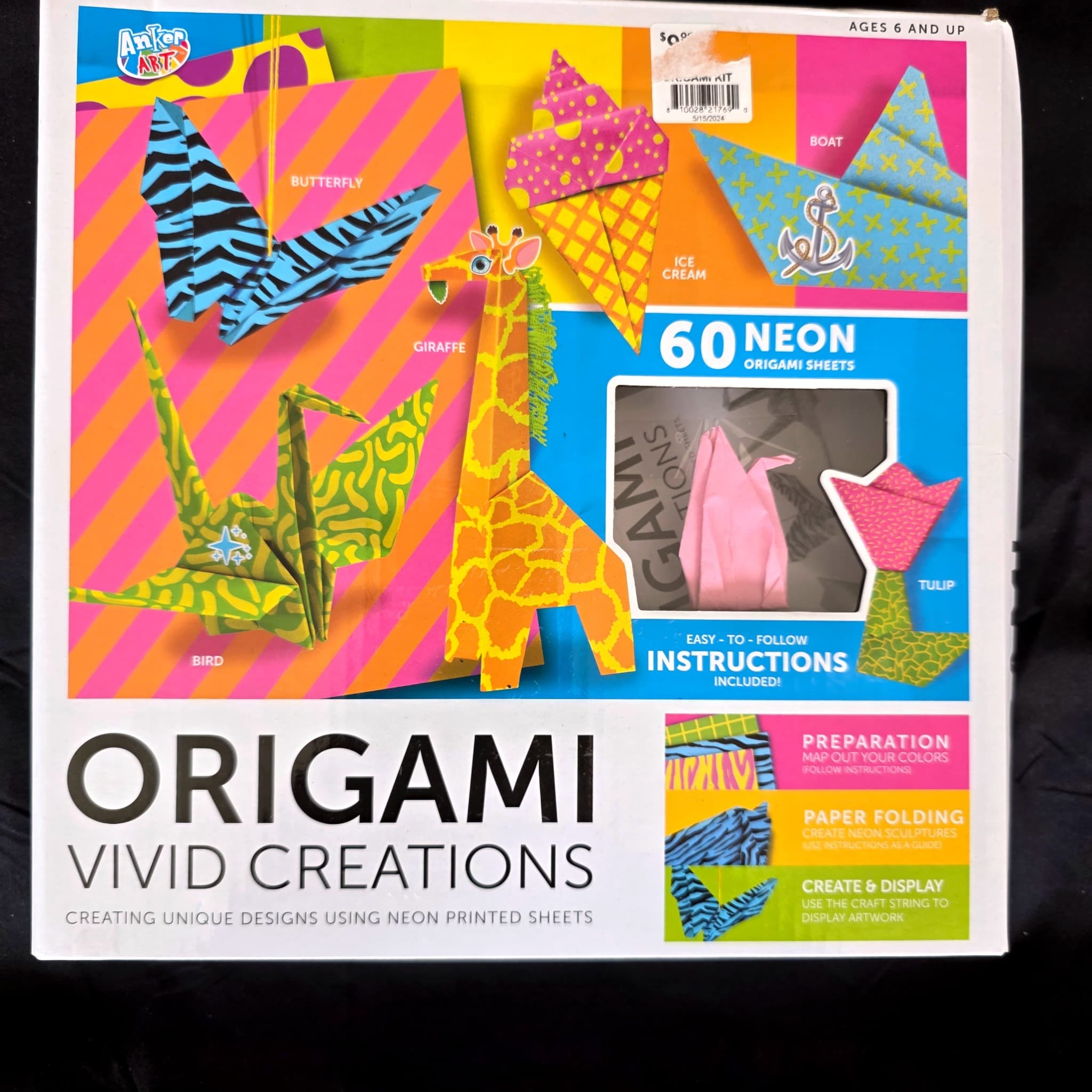Anker Arts Origami Vivid Creations Kit, 60 Neon Sheets