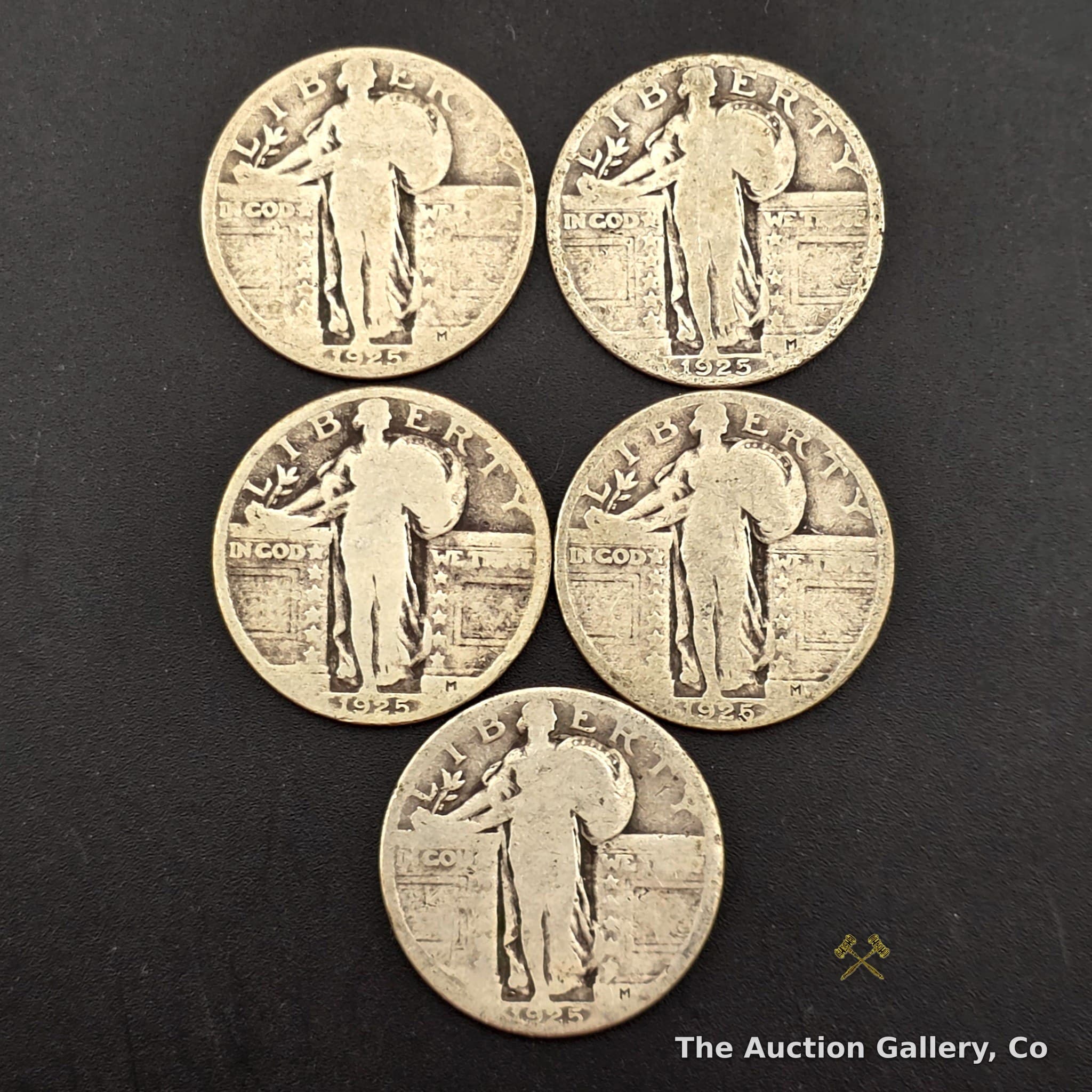1925 Standing Liberty Silver Quarters, Lot of 5, 90% Silver