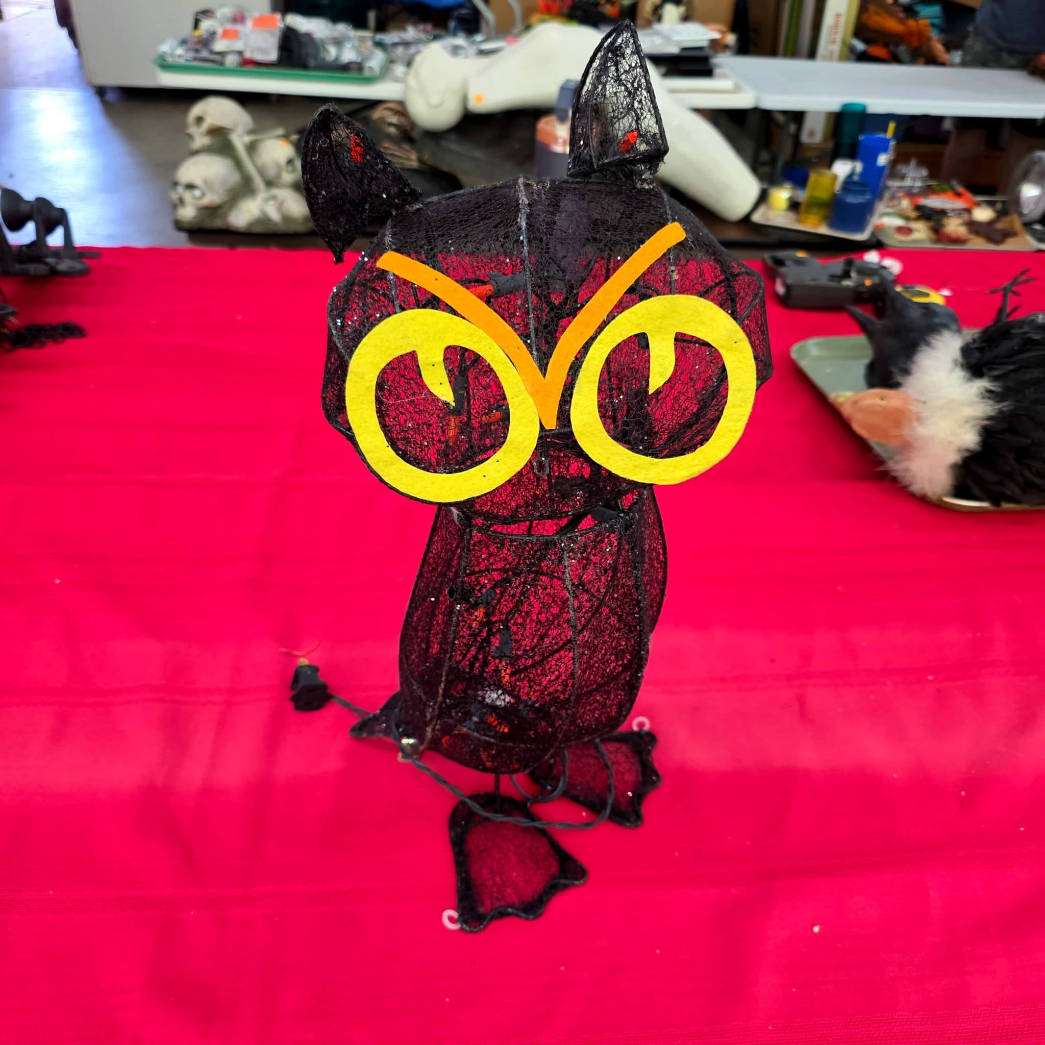 Black Glitter Owl Decoration with Yellow Neon Eyes, 18 inches