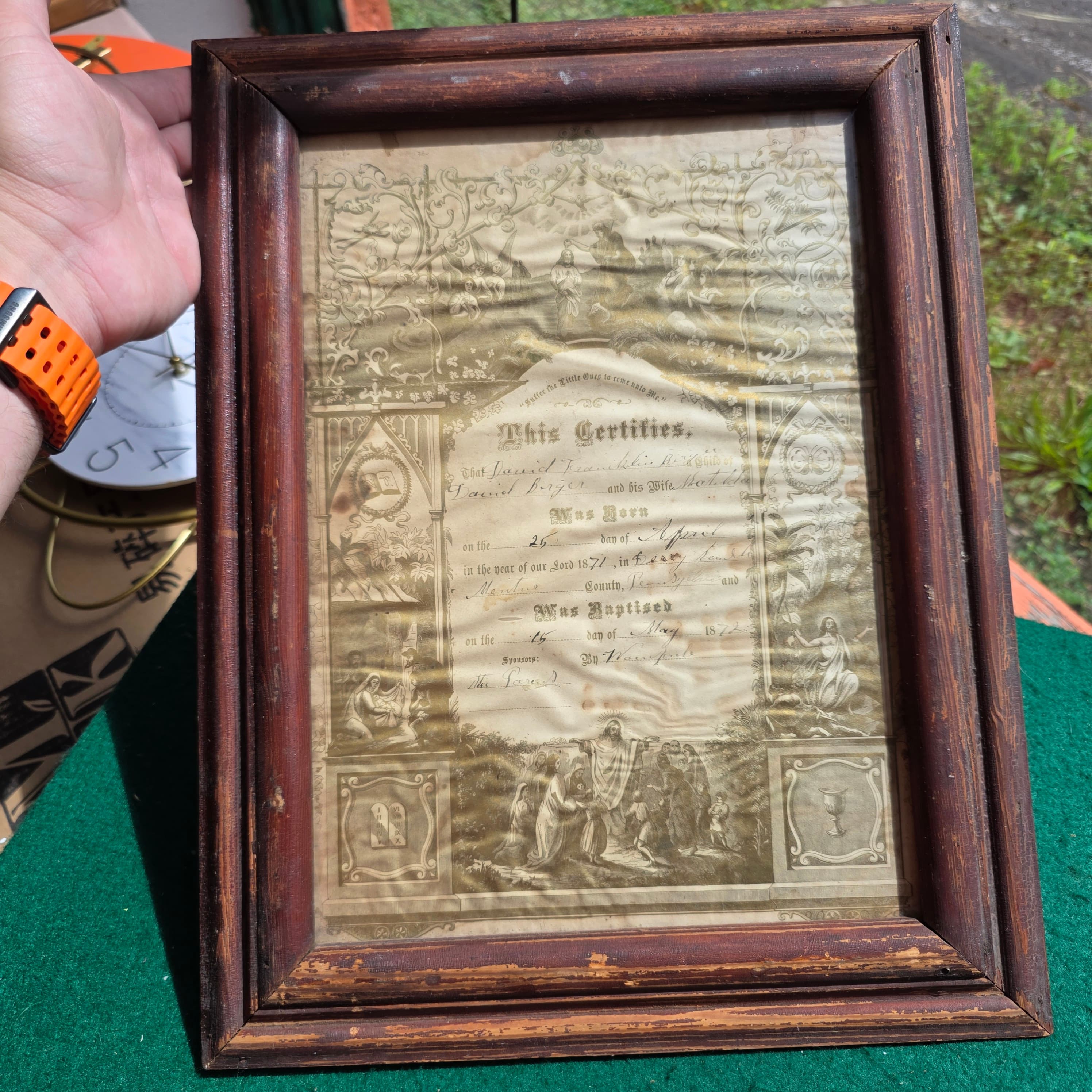 Antique 1871 Baptismal Birth Certificate, Framed, Pennsylvania