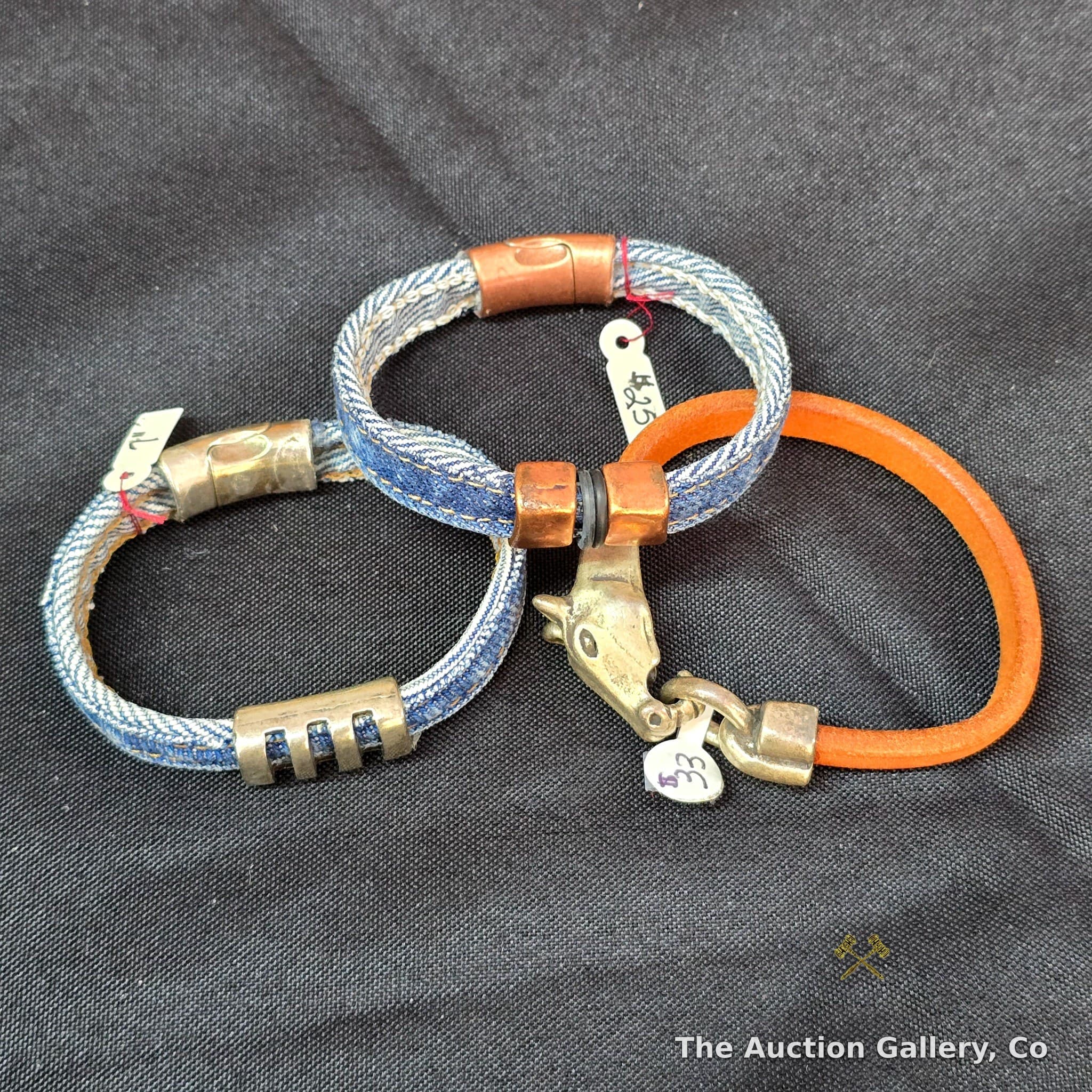 Set of 3 Handcrafted Denim & Leather Bracelets, New