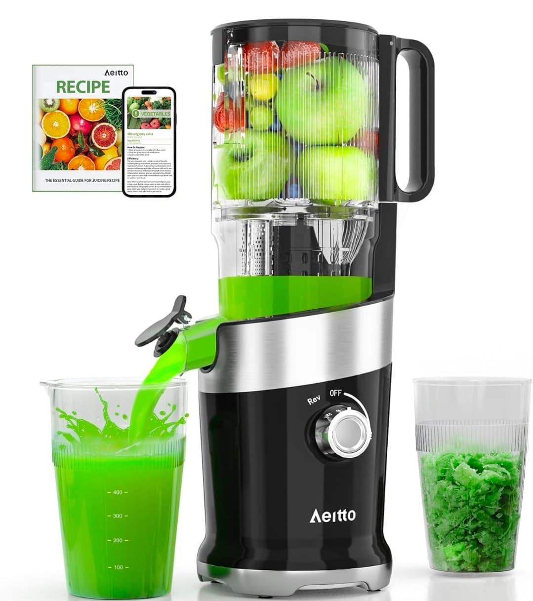 Cold Press Juicer Fits Whole Fruits, Aeitto Masticating Juicer Machines with Wide Feed Chute, Juice Extractor Machine Easy to Clean, High Juice Yield, Easy to Assemble, Self Feeding