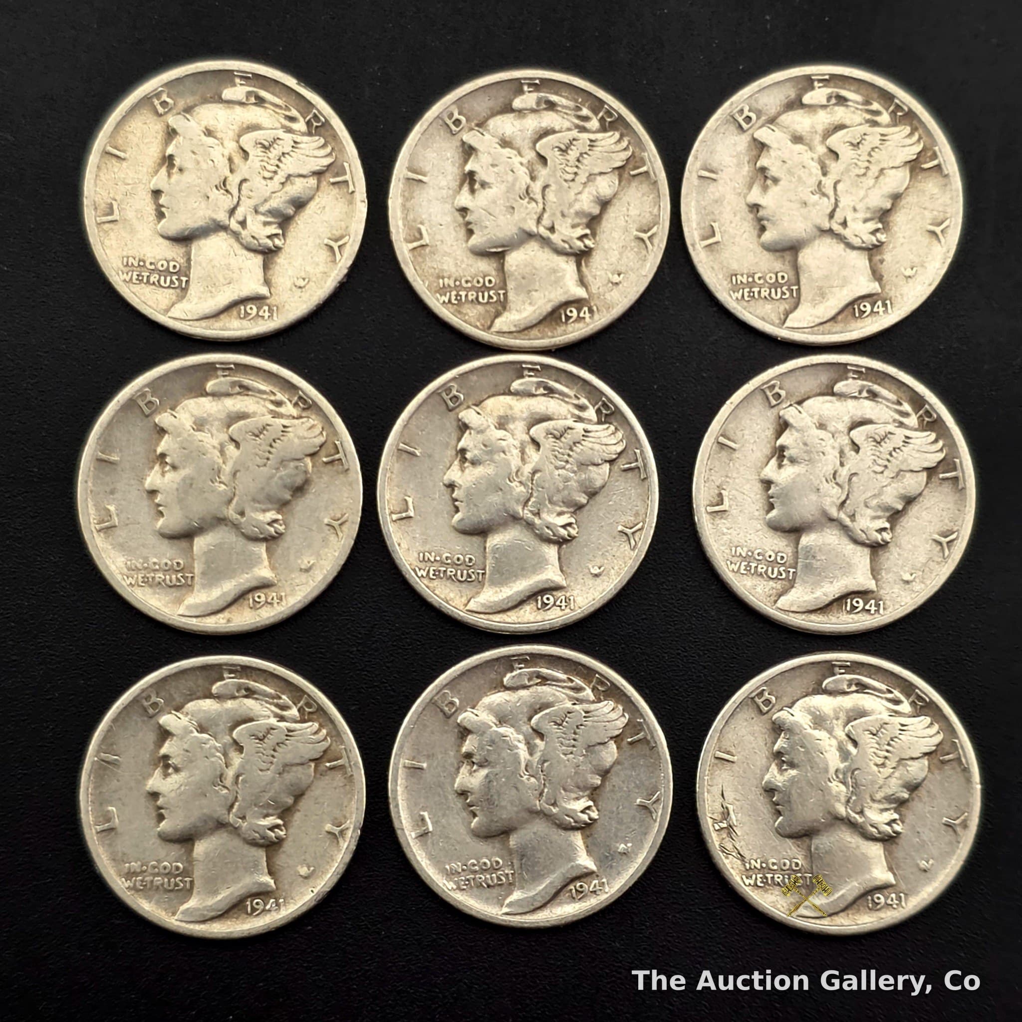 1941 Mercury Dime Lot of 9, 90% Silver