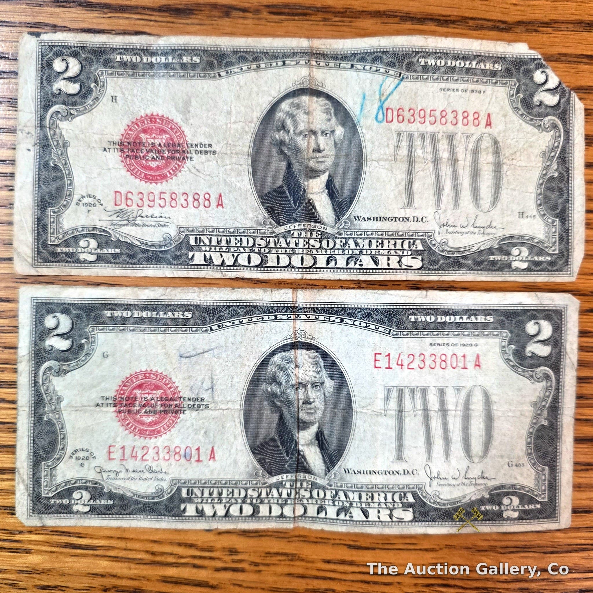 Pair of 1928 $2 Red Seal United States Notes, Series F & G